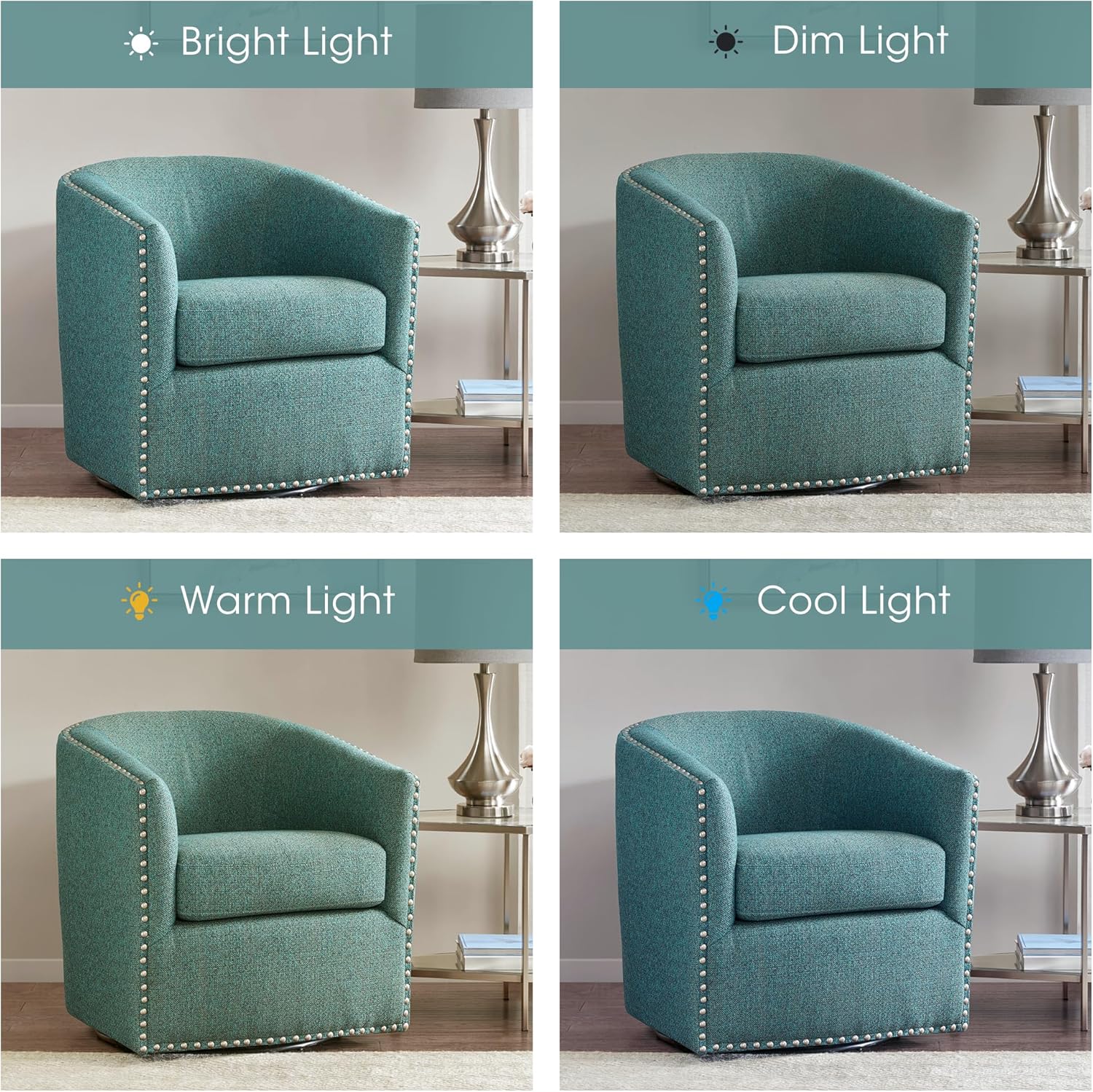 Madison Park Swivel Barrel Accent Chair, Upholstered Curved Back with 7-Inch Thick Woven Cushion, 360° Swivel, Nailhead Trim, Comfy Chair for Living Room, Bedroom, Office, 28" Wide, Teal, Tyler