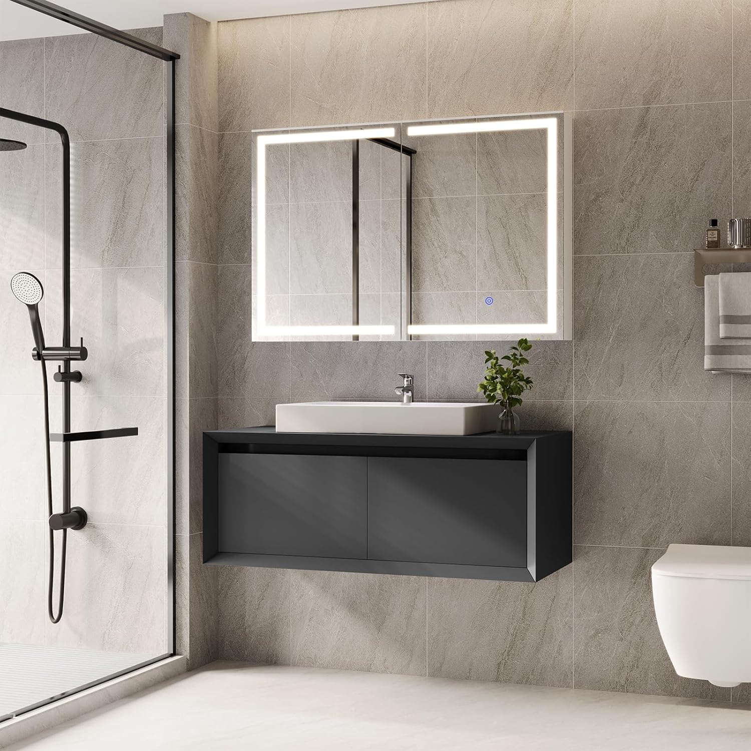 Hasuit Lighted Medicine Cabinet with Mirror, Wall Mounted Bathroom Mirror with Storage, 2 Doors Bathroom Wall Cabinet with LED Lights, 31.5'' x 23.6''