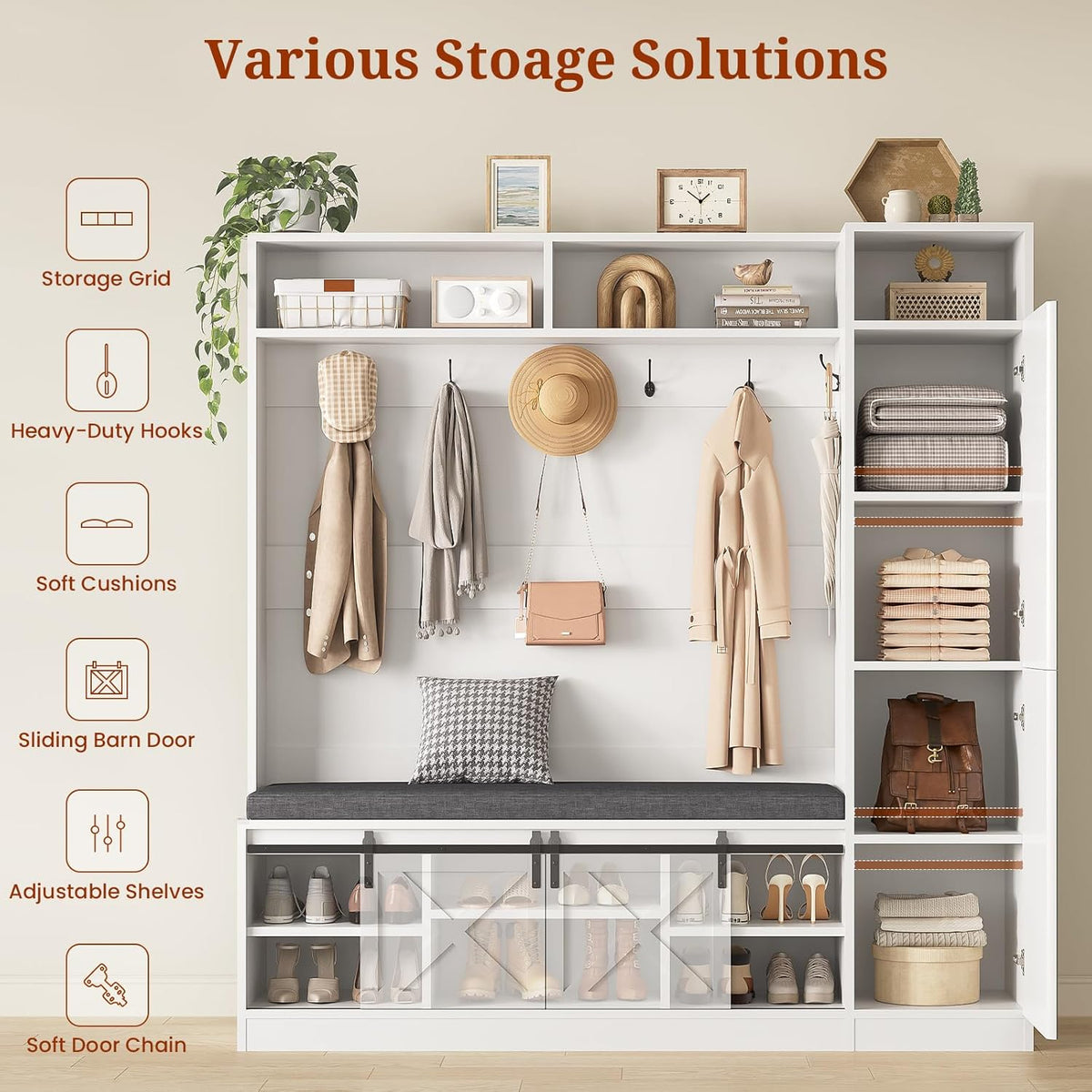 Hall Tree with Bench and Shoe Storage, Entryway Coat Rack with Tall Mirror, Farm House Barn Door 4-in-1 Hall Tree with Storage Cushioned Stool and Hooks for Hallway, Living Room, (60IN,With Mirror)