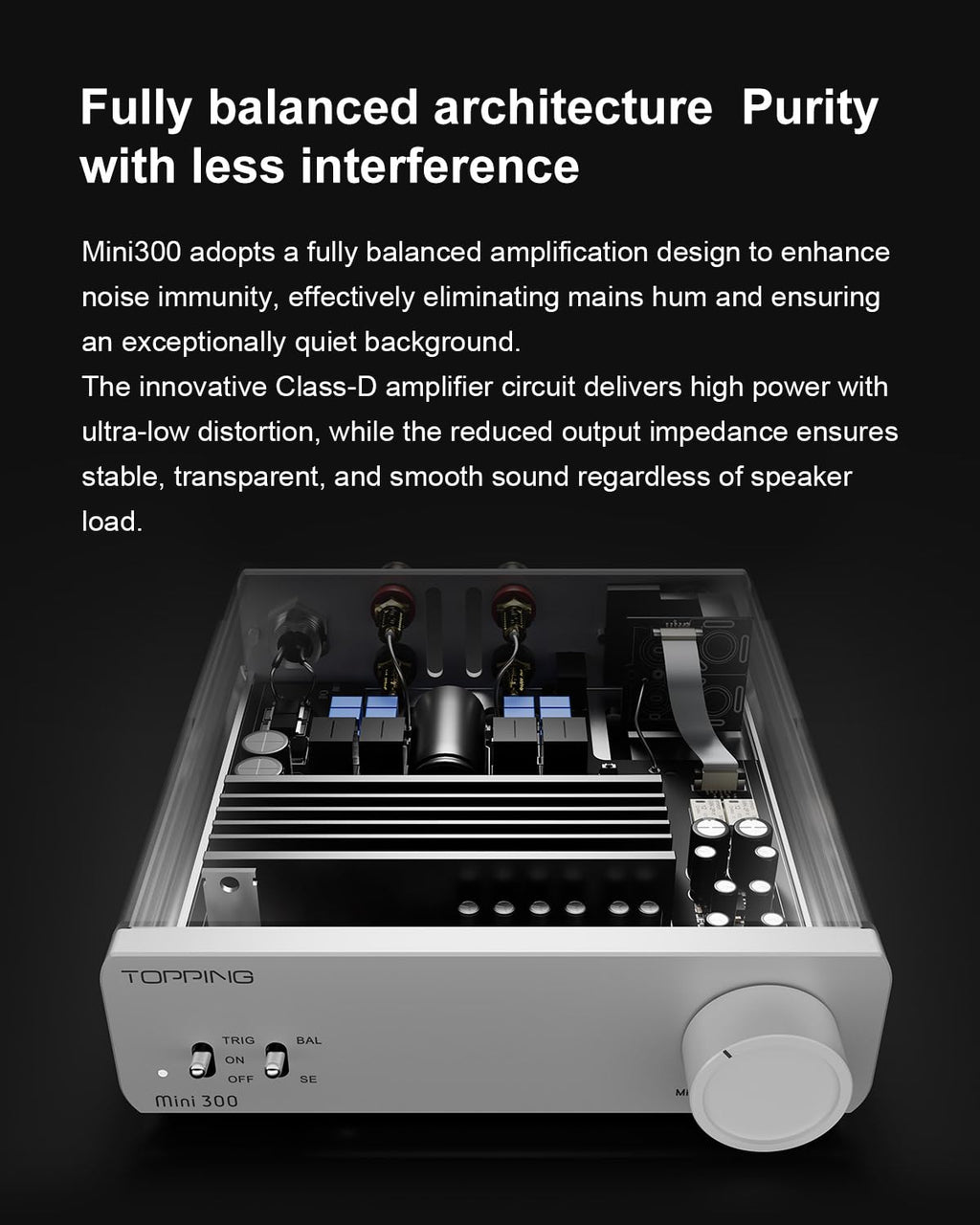 TOPPING Mini300 Compact Stereo Power Amplifier, Fully Balanced Class-D Design, 140W×2 @4Ω, Ultra-Low Distortion