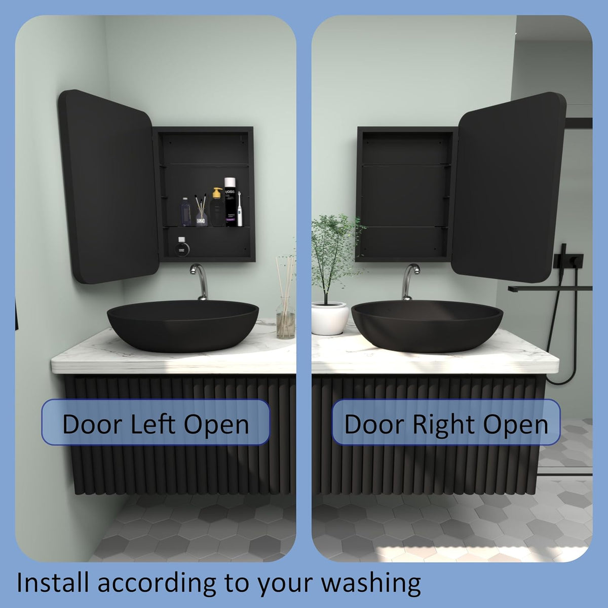 16”Wx24”H Farmhouse Framed Medicine Cabinet with Mirror, Matte Black Finish, Recessed or Surface Mount, Adjustable Shelves, Rounded Rectangle Bathroom Medicine Cabinet,Install Left or Right