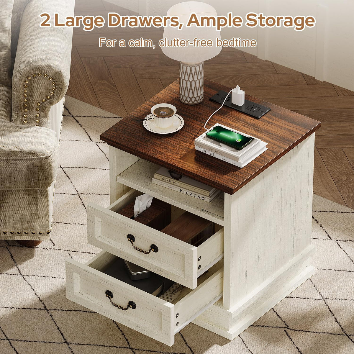 knoword 18'' Wide Farmhouse Nightstands with Charging Station, Wood Square Nightstand with 2 Large Drawers, Bedside Table, Rustic End Table for Bedroom, White
