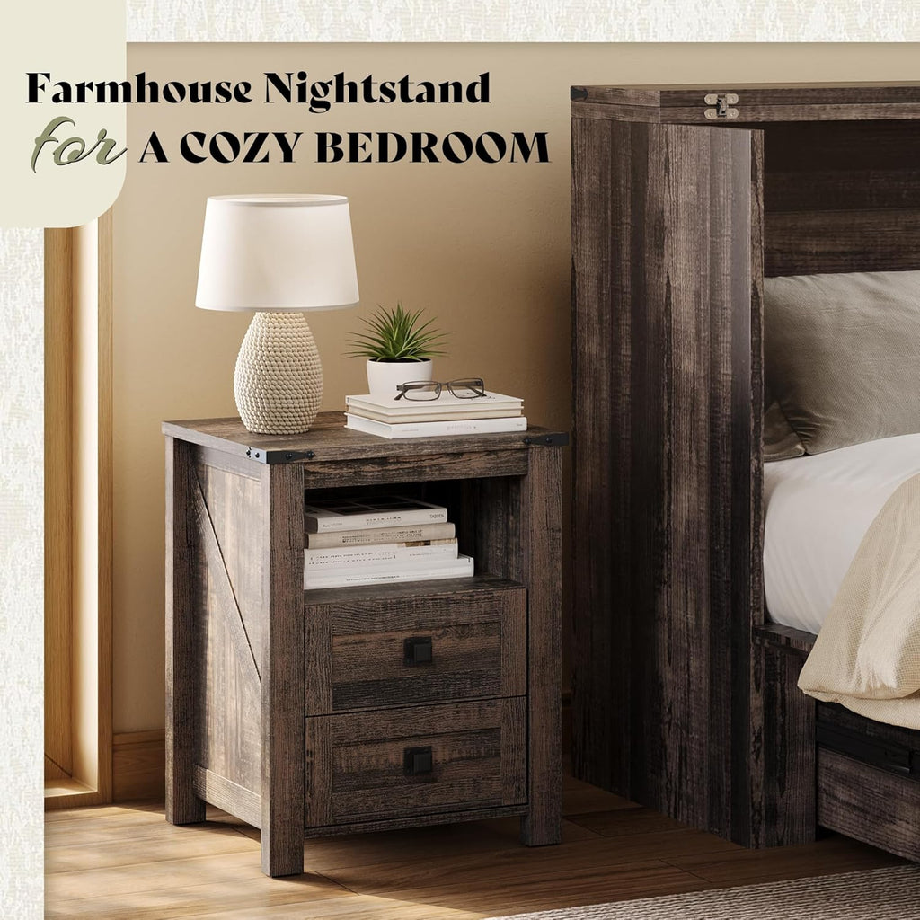 AMERLIFE Farmhouse Nightstand Set of 2, Wooden Side Table with Drawers & Open Shelf, Narrow/Small Bedside End Table, Wood Night Stand for Bedroom/Dorm/Home Office, Rustic Black Oak