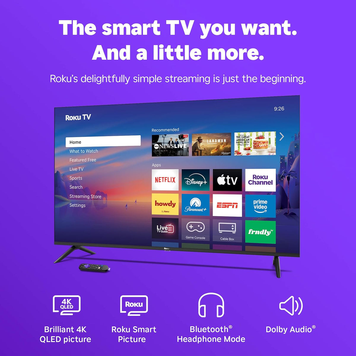 Roku Smart TV 2026 – 55-Inch Select Series, 4K QLED TV – Roku TV with Voice Remote – Flat Screen QLED Television with Wi-Fi for Streaming Live Local News, Sports, & Movies – Bluetooth Headphone Mode
