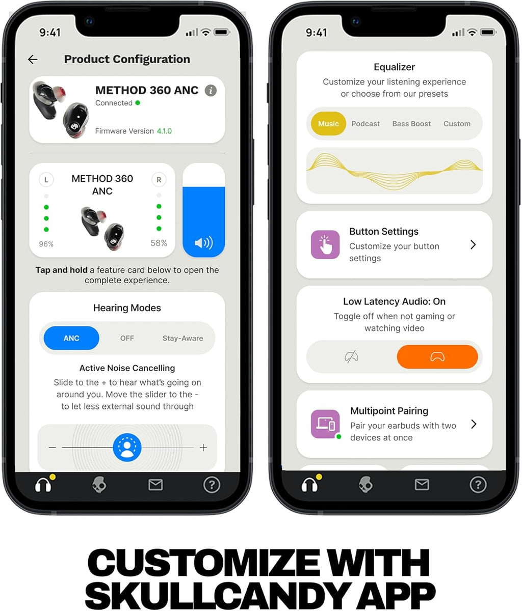 Skullcandy Method 360 ANC Wireless Earbuds, Sound by Bose, Bluetooth Headphones, Premium Noise Cancelling, Up to 40 Hrs Battery, Sweat and Water Resistant, Microphone for iPhone Android - True Black