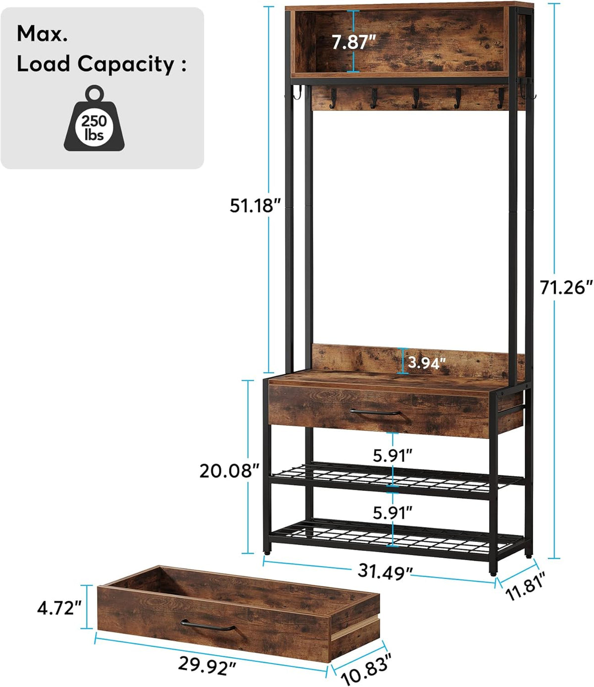 Tribesigns 3-in-1 Entryway Hall Tree with Drawer, Vintage Industrial Coat Rack with Shoe Bench and Hutch, Mudroom Bench with Shoe Storage Rack and 9 Hooks for Living Room Bedroom (Brown)