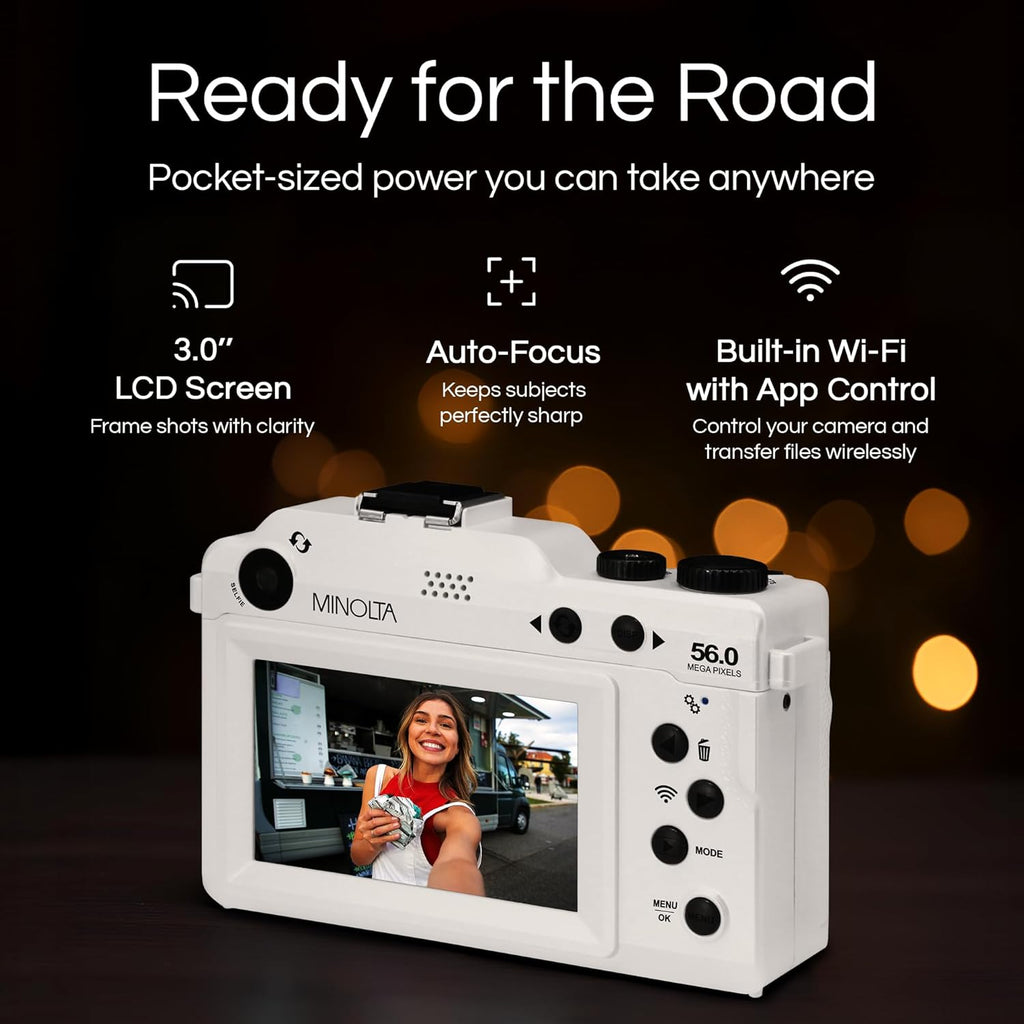 Minolta Digital Camera – 56MP Photos, 4K 60FPS Video, Dual-Lens Selfie Design, 18X Zoom, Wi-Fi, RAW/JPEG Capture, 3” LCD, Compact Travel Camera (Gray)