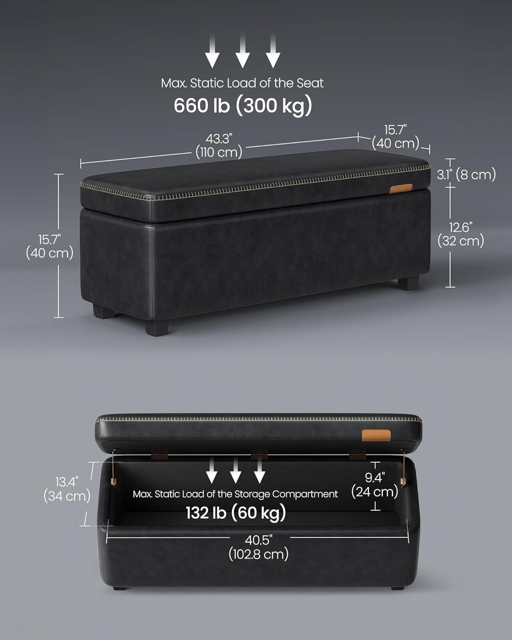 VASAGLE EKHO Collection - Storage Ottoman Bench, Entryway Bedroom Bench, 25 Gallons, Synthetic Leather with Stitching, Mid-Century Modern, Safety Hinges, Loads 660 lb, Ink Black ULOM075B01
