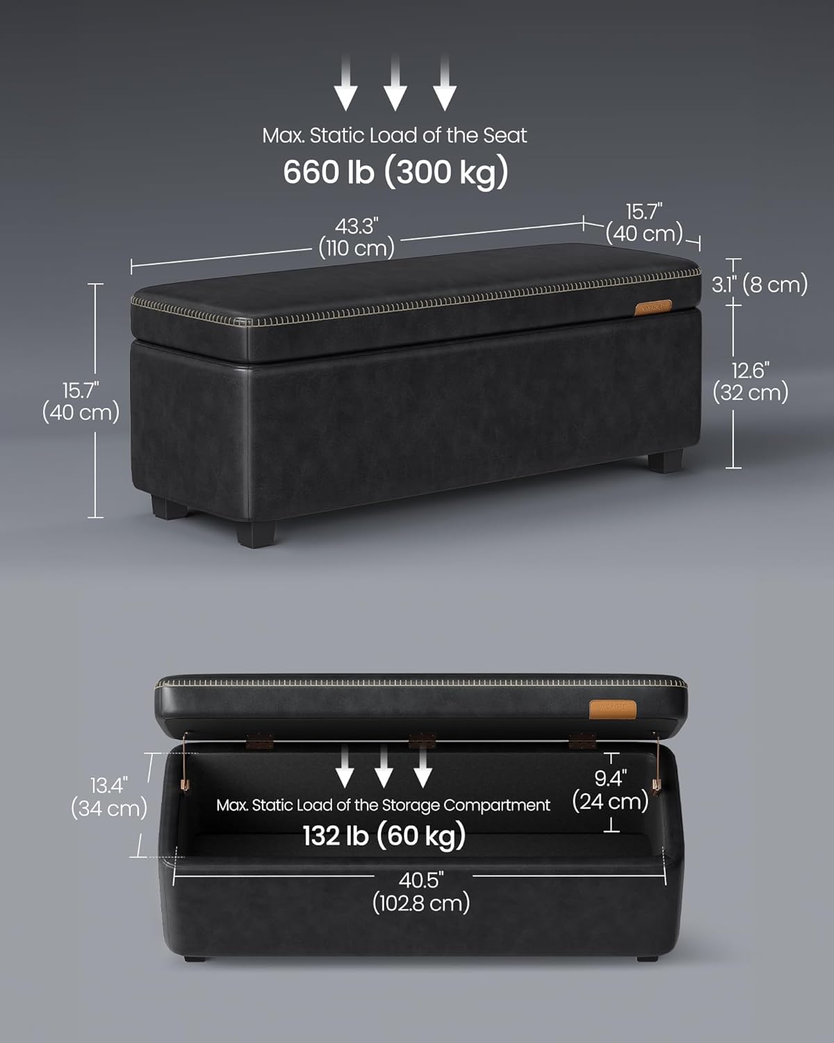 VASAGLE EKHO Collection - Storage Ottoman Bench, Entryway Bedroom Bench, 25 Gallons, Synthetic Leather with Stitching, Mid-Century Modern, Safety Hinges, Loads 660 lb, Ink Black ULOM075B01