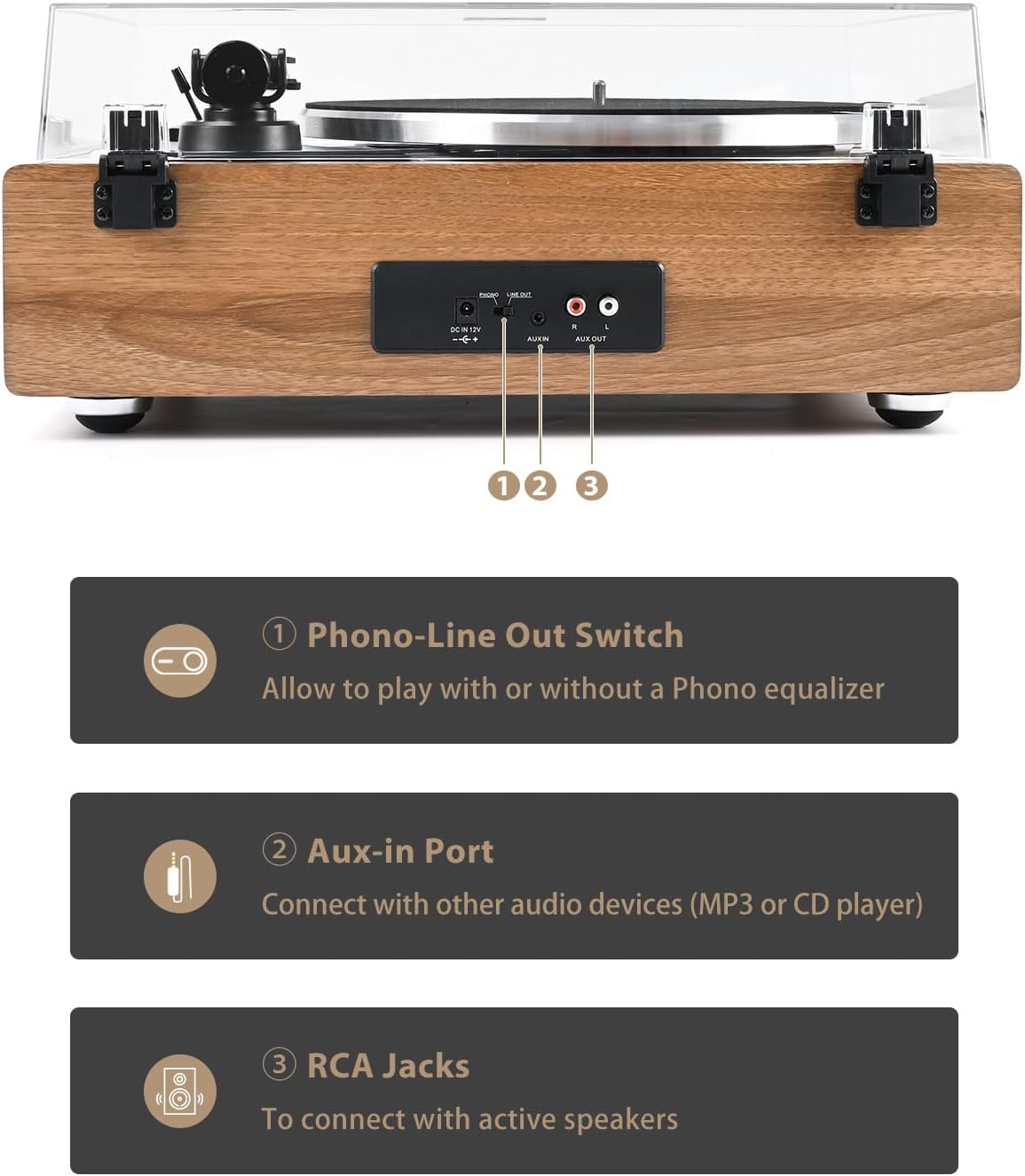 SeeYing Vinyl Record Player with Built in HiFi Speakers, Bluetooth Belt Drive Turntable for Vinyl Records with Magnetic Cartridge, Auto Stop and Warm Light Design