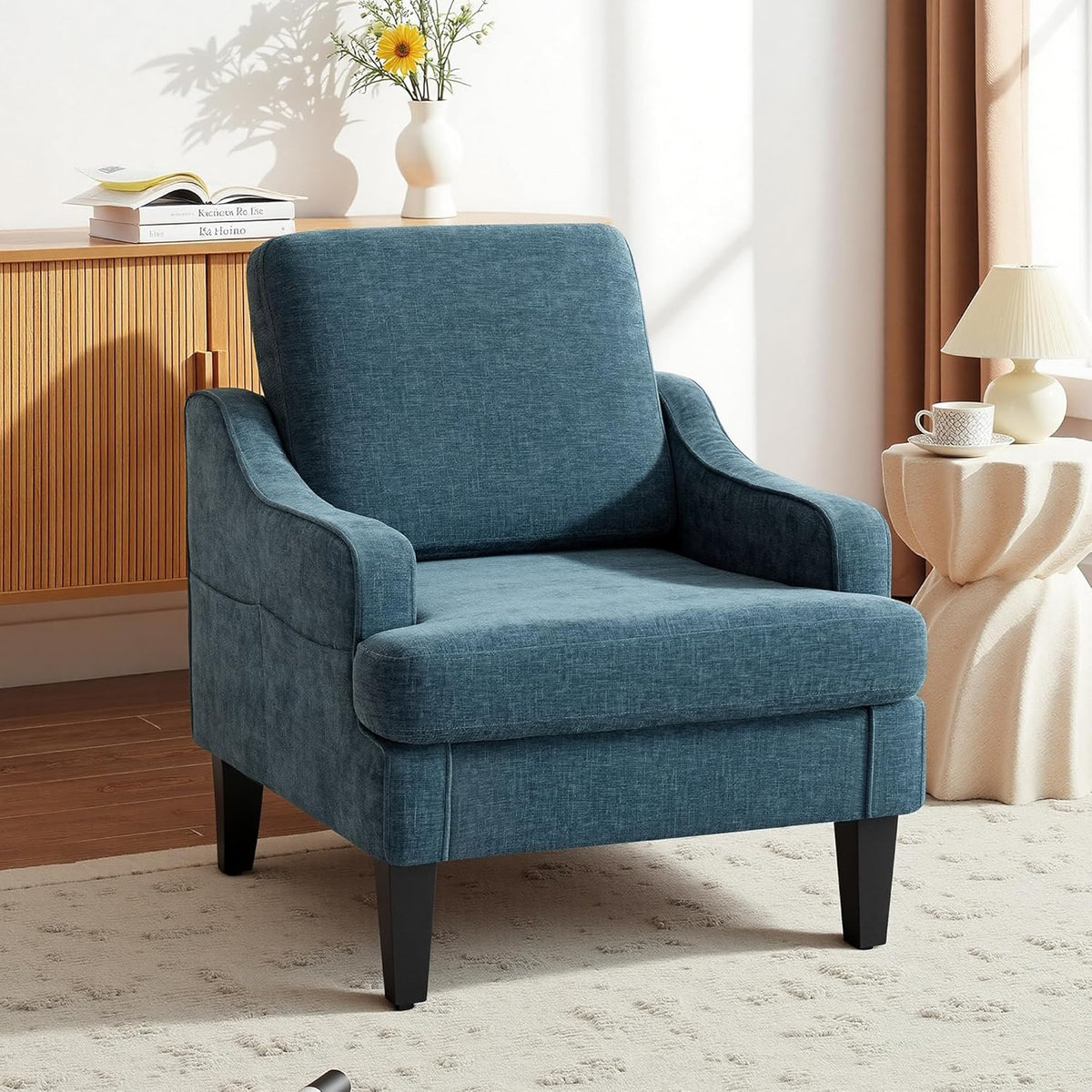 Set of 2 Accent Chair for Living Room,Mid-Century Arm Chair Chenille Fabric Living Room Chairs,Upholstered Reading Chair for Bedroom,Single Sofa Chair with Wood Legs for Apartment (Blue)