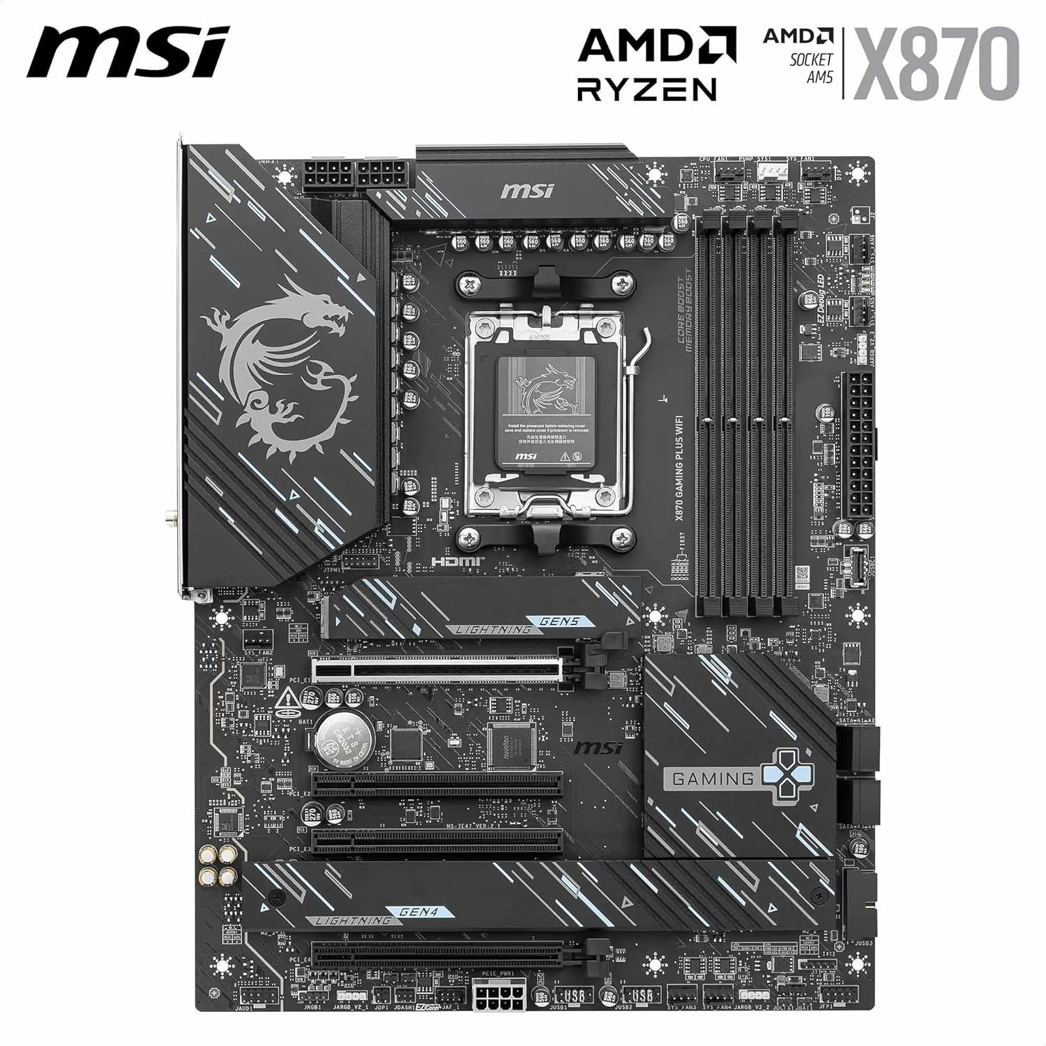 MSI X870 Gaming Plus WiFi V1 Motherboard, ATX-Supports AMD Ryzen 9000/8000/7000 Processors, AM5-60A SPS VRM, DDR5 Memory Boost 8200+ MT/s (OC), PCIe 5.0 x16 & 4.0 x16, M.2 Gen5, Wi-Fi 7, 5G LAN