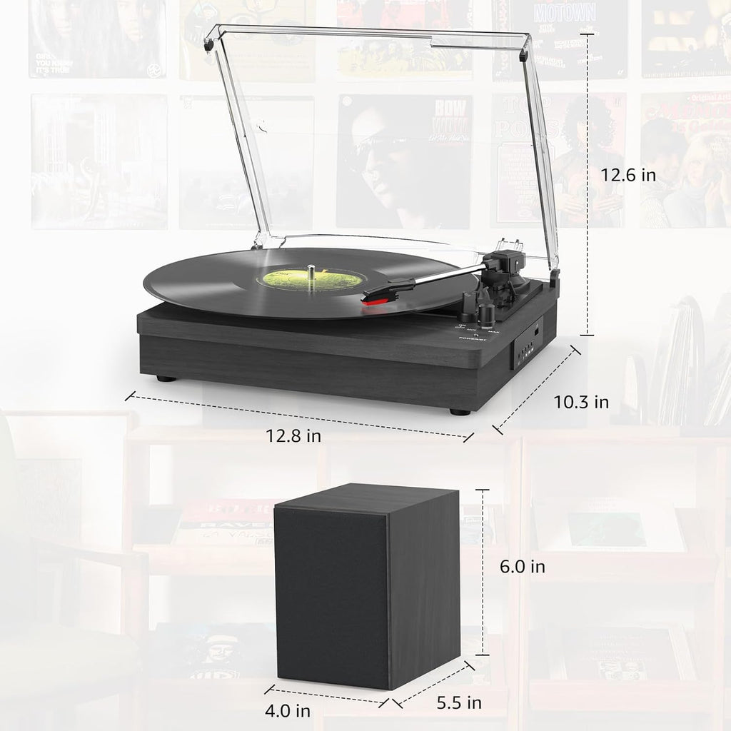 Vinyl Record Player with Two Stereo Speakers, Bluetooth Playback Turntable with 3 Speed AUX Headphone Input and RCA Out, Retro Black