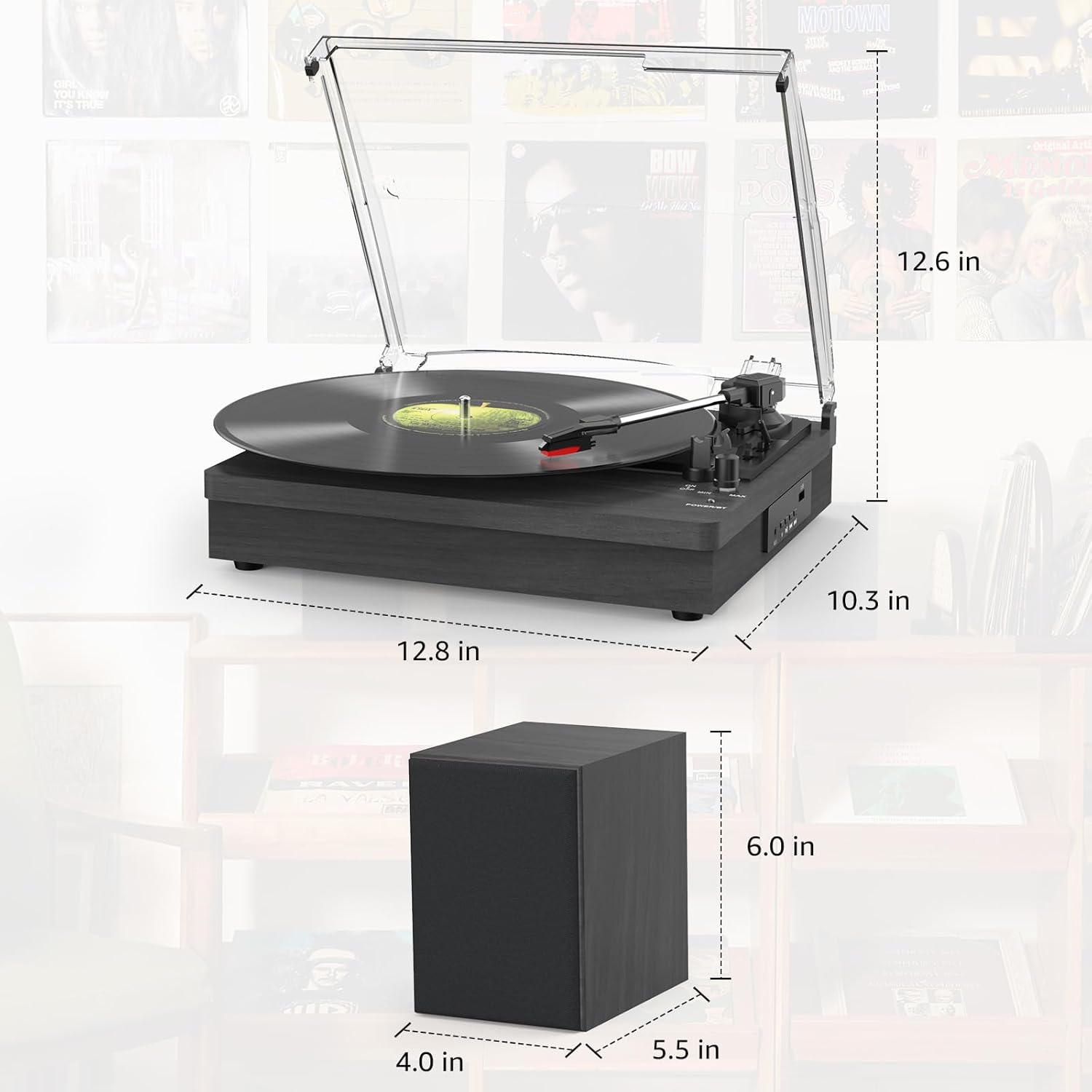 Vinyl Record Player with Two Stereo Speakers, Bluetooth Playback Turntable with 3 Speed AUX Headphone Input and RCA Out, Retro Black
