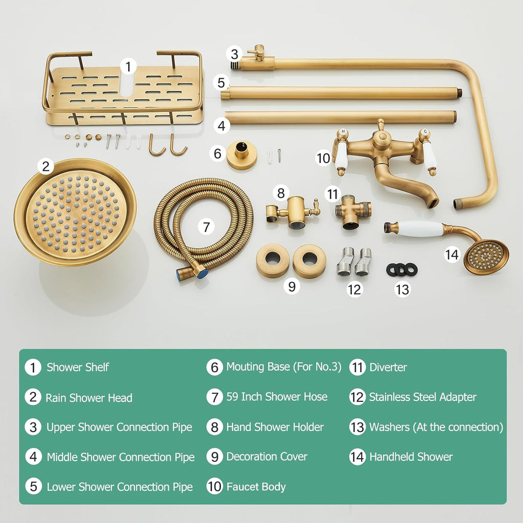 Antique Brass Shower System Outdoor Shower Fixtures with 8 Inch Rain Shower Head and Double Cross Handles Bathroom Shower Faucet Set