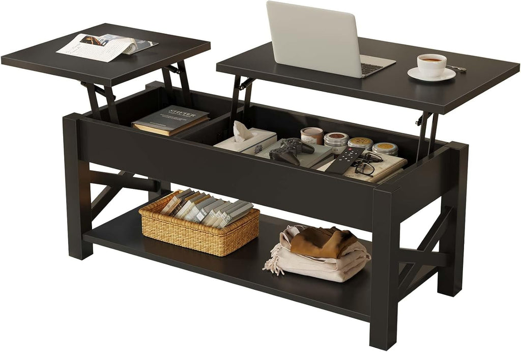 Rolanstar Coffee Table 47.2", 2 Way Lift Top Farmhouse Center Table with Hidden Compartment, Open Shelf & X Wooden Support for Living Room, Black