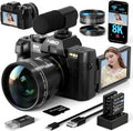 8K Digital Cameras for Photography 64MP - 16X Zoom Autofocus, WiFi, 180° Flip Screen with Wide-Angle & Macro Lens, Vlogging Camera for YouTube Travel with 64GB TF Card, 2 Batteries & Mic (Black)