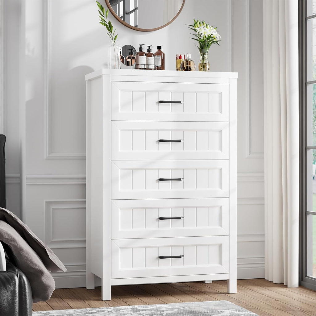 Jocoevol 5 Drawer Dresser for Bedroom - Farmhouse 44.9" Tall Chest of Dresser with Large Storage, Rubst Wood Construction for Living Room, Hallway & Entryway - White
