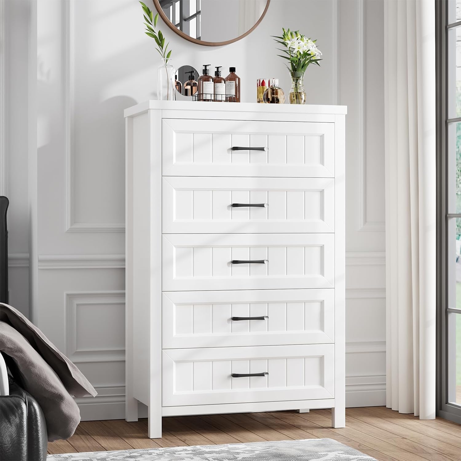 Jocoevol 5 Drawer Dresser for Bedroom - Farmhouse 44.9" Tall Chest of Dresser with Large Storage, Rubst Wood Construction for Living Room, Hallway & Entryway - White
