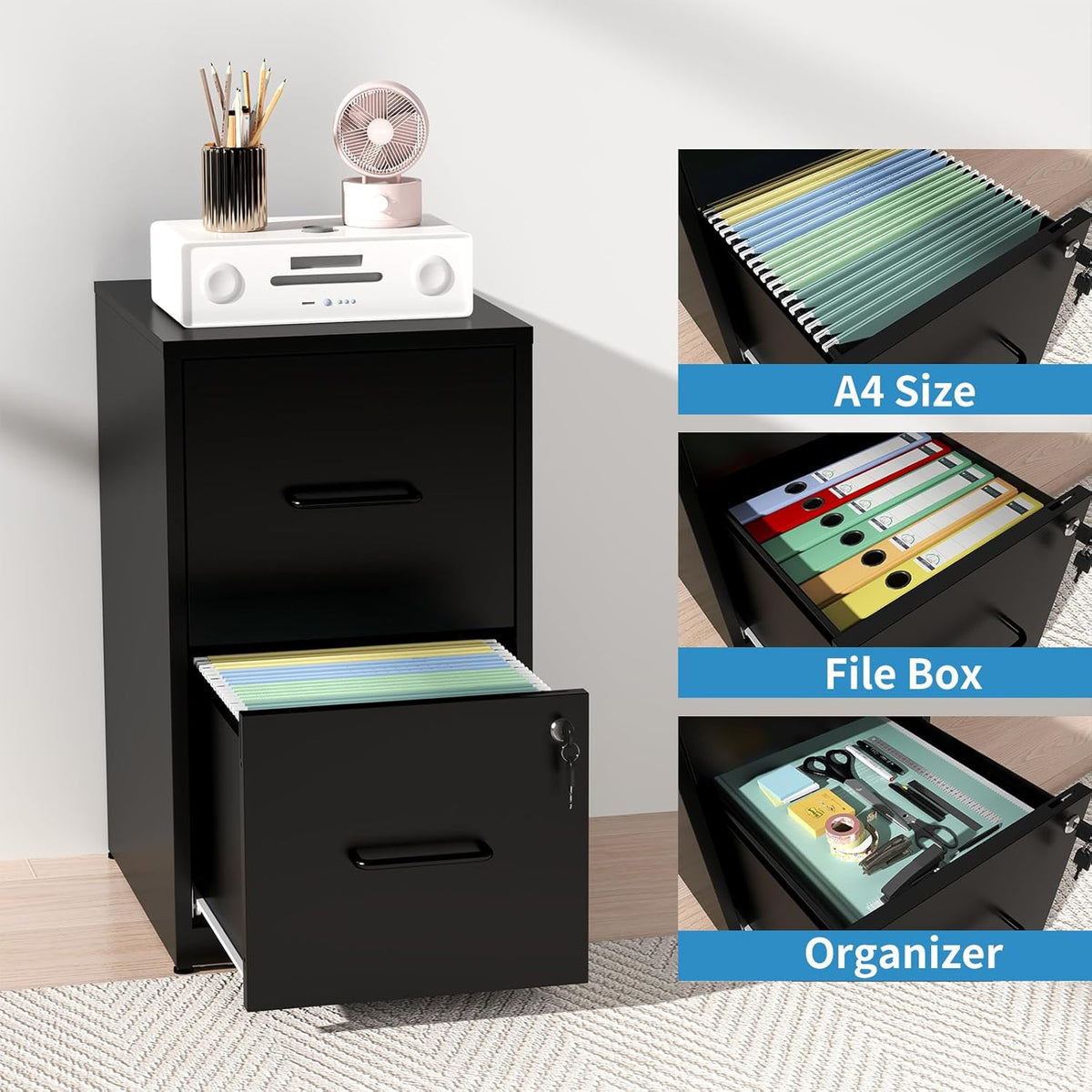 2 Drawer File Cabinet with Lock, Metal Vertical File Cabinets for Home Office, Office Furniture for Organization Hanging Legal/Letter/A4, Office File Cabinet Storage Cabinet, Require Assembly, Black