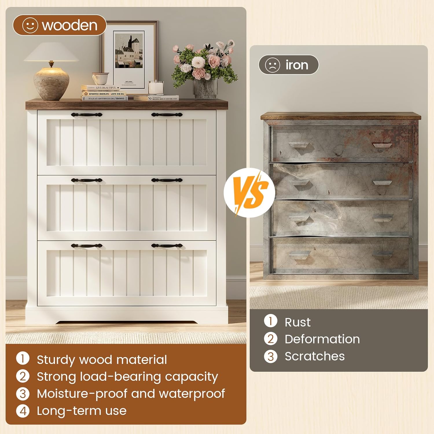 SEDETA 3 Drawer File Cabinet, Farmhouse Filing Cabinet for Home Office, Wood Office File Cabinets for Letter/Legal/A4 Size, Lateral File Cabinets with Printer Stand, White + Brown