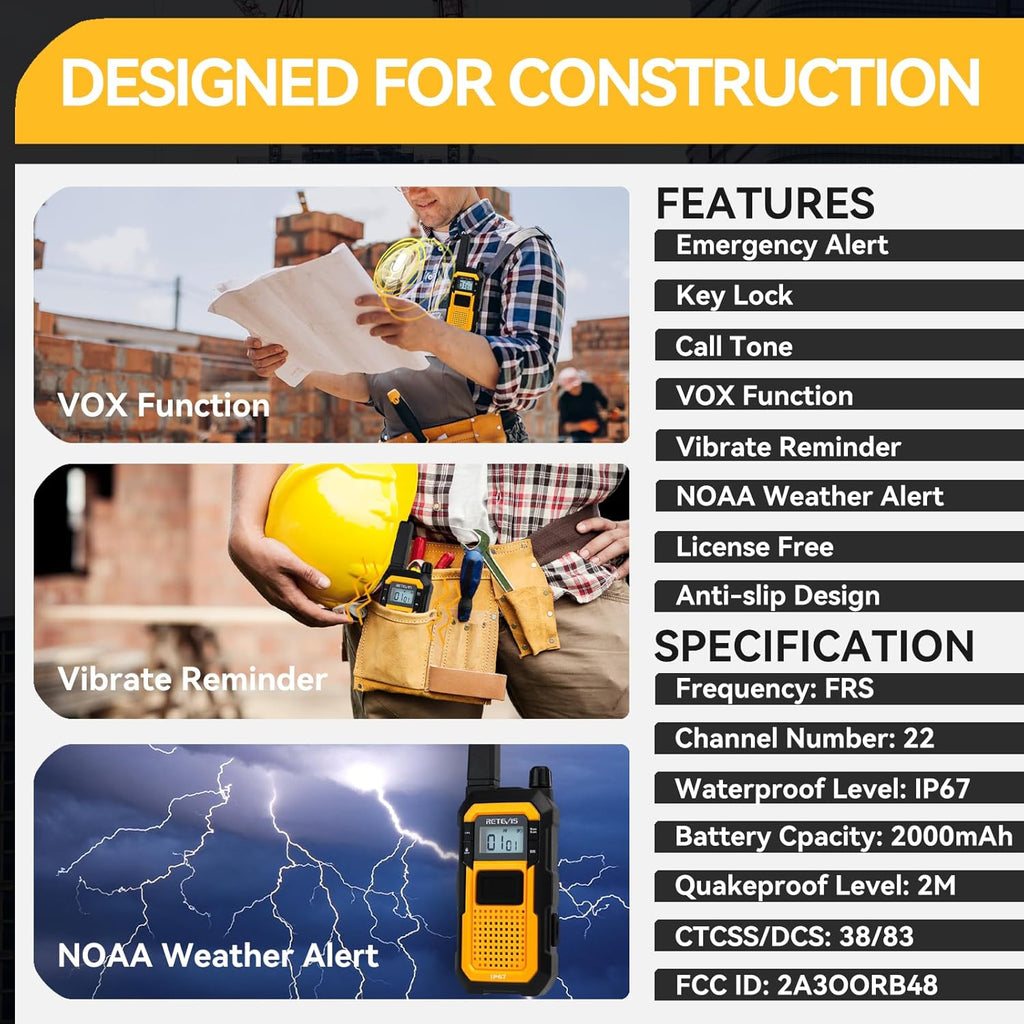 Retevis RB48 Heavy Duty Waterproof Walkie Talkies, Long Range Rechargeable Two Way Radios, Advanced Triple Proof, Vibration Reminder, for Warehousing Construction Contractor(10 Pack)
