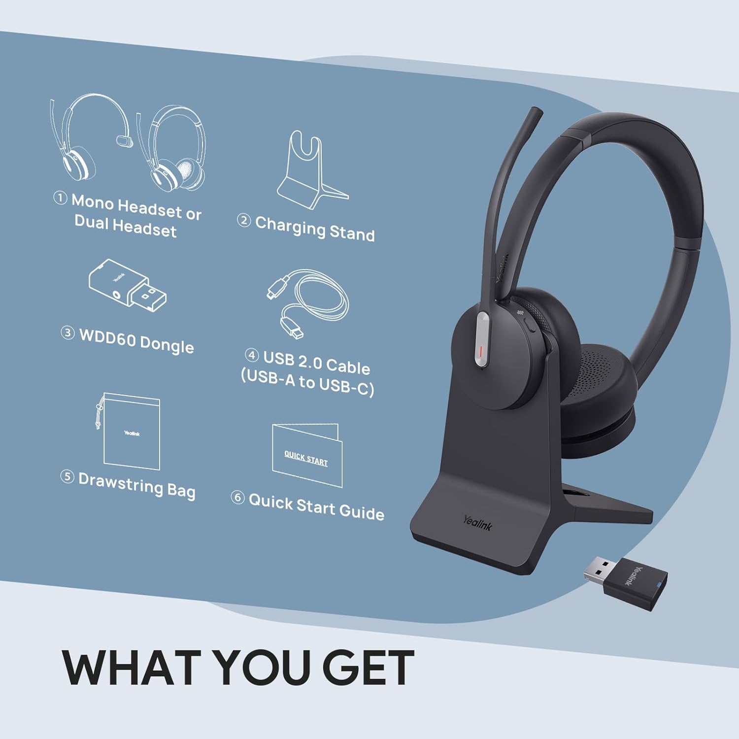 Yealink WH64 Hybrid Wireless Headset Dongle & Charging Stand, 492ft Range DECT&Bluetooth Headphones for Teams, Zoom UC,Dual Ear Noise Cancelling Portable Headsets with 3X Mic, 32H Calls,(PC/Phone)