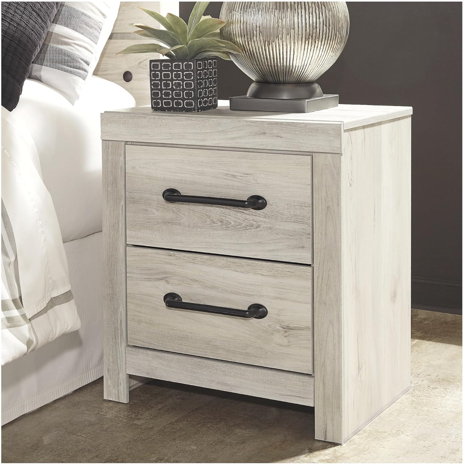 Signature Design by Ashley Cambeck Farmhouse Industrial 2 Drawer Two Drawer Nightstand with 2 Slim-Profile USB Charging Stations, 24.37" Tall, Whitewash