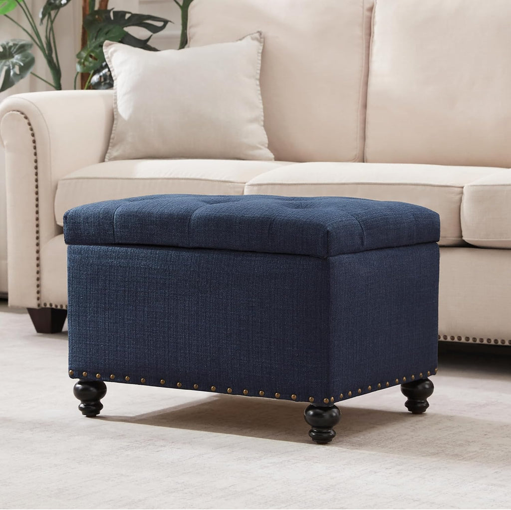 Zihanhome Small Ottoman with Storage, Upholstered Button Tufted Bench, 24" Rectangle Storage Ottoman Foot Rest, Foot Stools, for Living Room, Bedroom, Corners, Dorms and Apartments (Dark Blue)