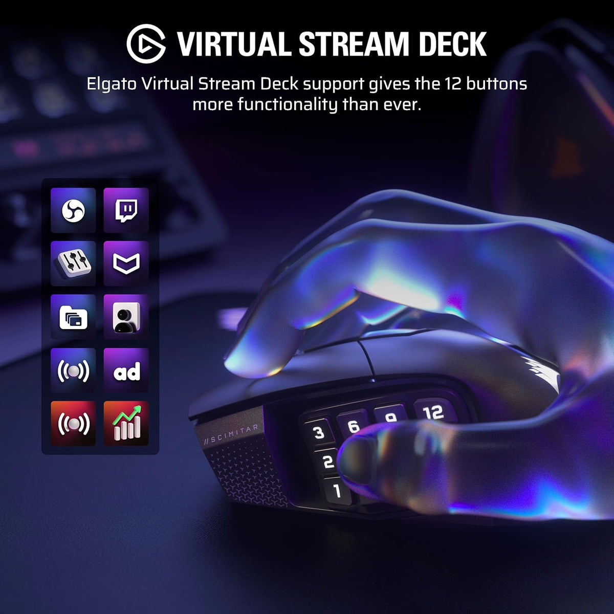 Corsair Scimitar Elite Wireless SE MMO PC Gaming Mouse – 33,000 DPI, 16 Programmable Buttons, Key Slider, Elgato Virtual Stream Deck, 1,000Hz Polling, Up to 150-Hour Battery – Gunmetal