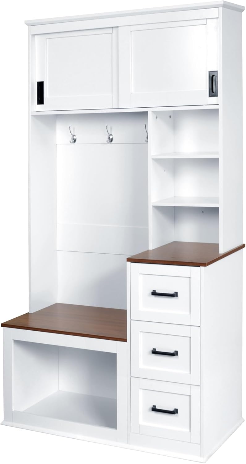 40.2" W Hall Tree with Bench and Shoe Storage, Modern Entryway Bench with 3 Hooks, 3 Shelves and Drawers for Living Room, Hallway, Entryway, White