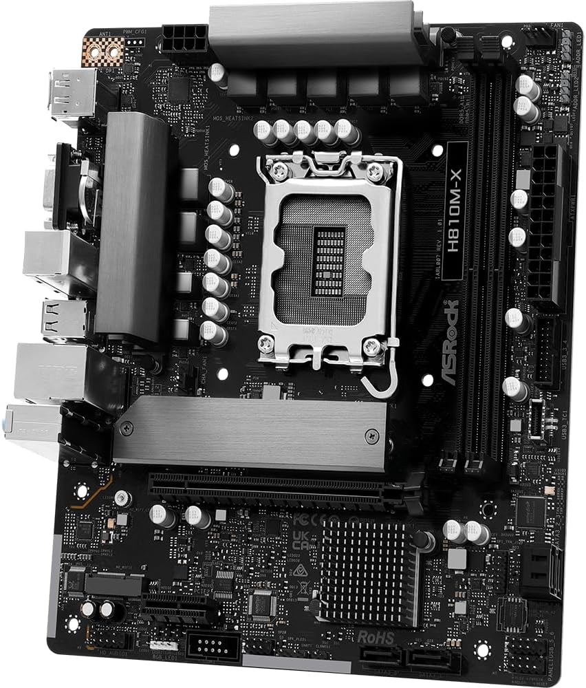 ASRock H810M-X LGA1851 Micro-ATX Motherboard, Supports Intel Core Ultra Series 2 Processors, DDR5 6400, PCIe 4.0, 2.5G LAN, HDMI, DisplayPort, VGA