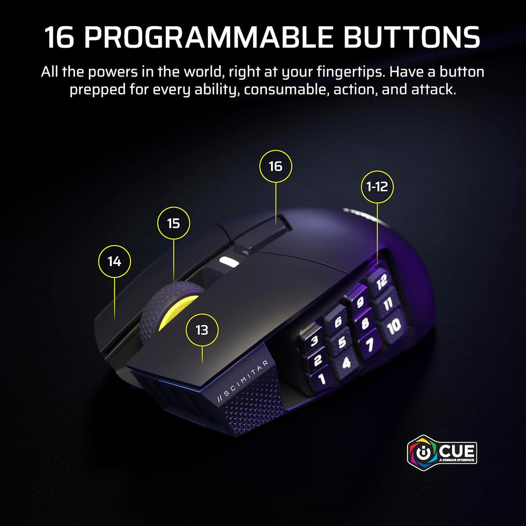 Corsair Scimitar Elite Wireless SE MMO PC Gaming Mouse – 33,000 DPI, 16 Programmable Buttons, Key Slider, Elgato Virtual Stream Deck, 1,000Hz Polling, Up to 150-Hour Battery – Gunmetal