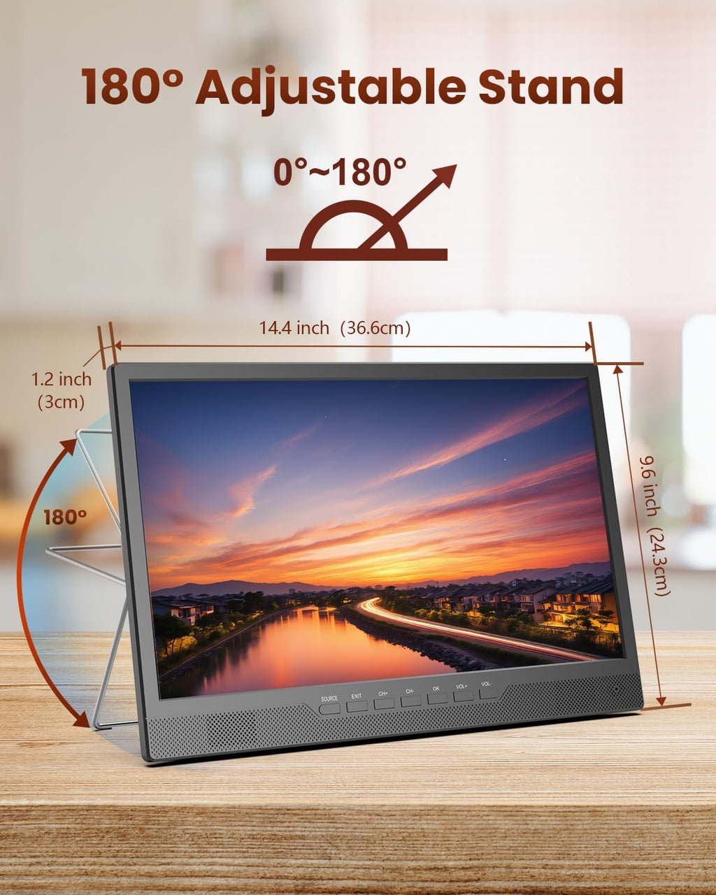Desobry 16 Inch Small Smart TV - LCD Small Kitchen TV with WiFi, Bulit-in 180°Adjustable Stand/ATSC Tuner/HDMI/AV/USB for Camping, Bedroom, RV, Patio, Indoor & Outdoor Use