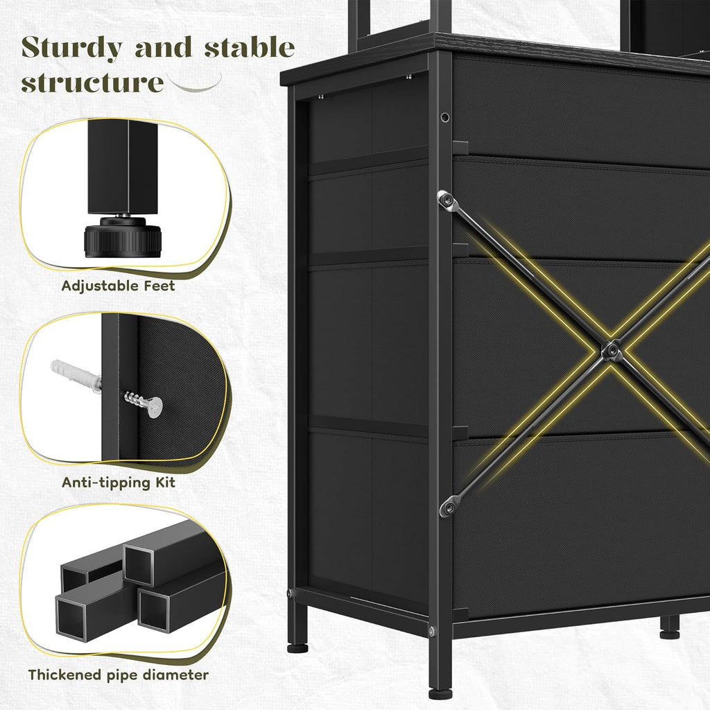 Romorgniz Black Dresser for Bedroom with 12 Drawers & LED Lights, Fabric Dressers & Chests of Drawers with Open Shelves, Vanity Dresser Organizer with Metal Frame Wooden Shelf for Entryway Closet