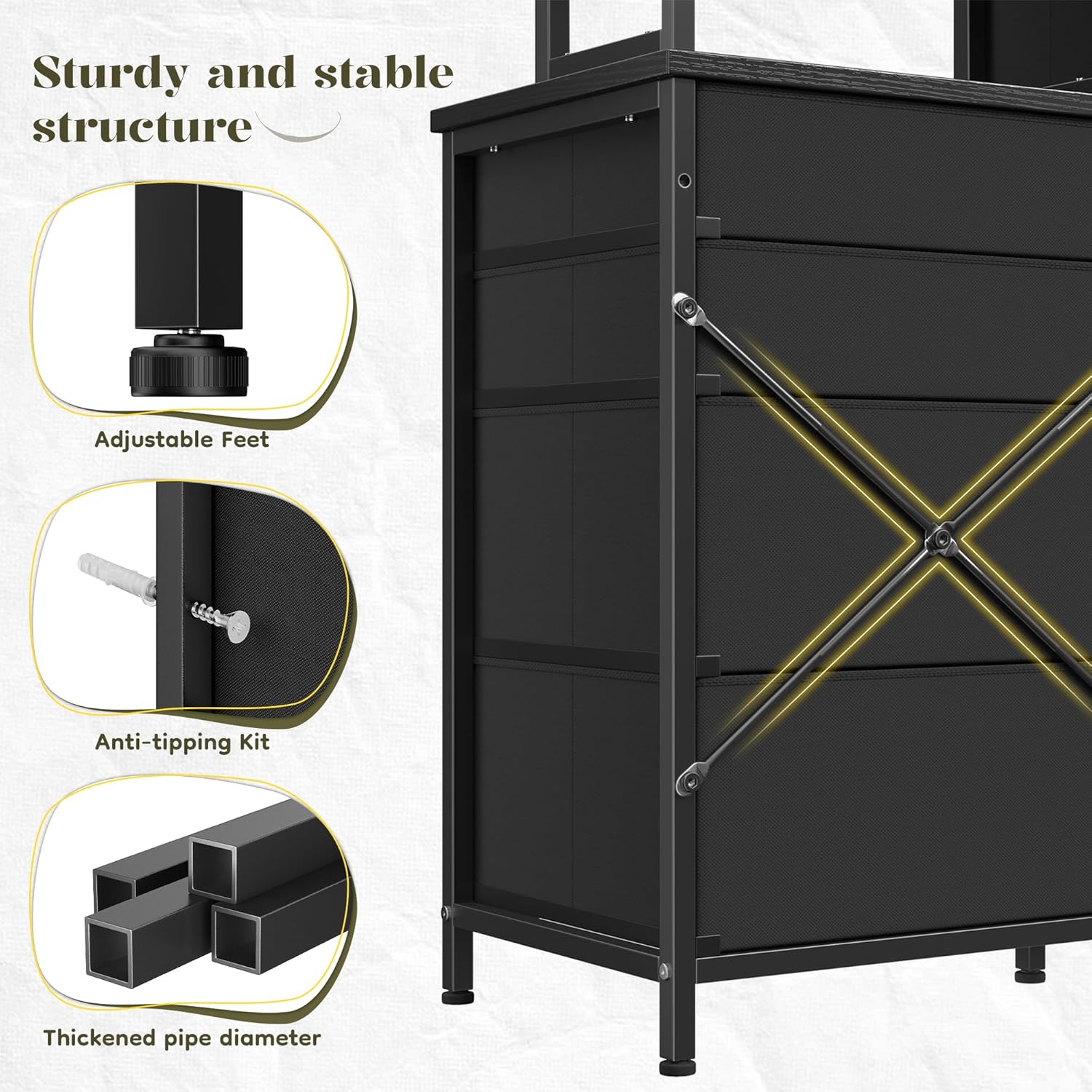 Romorgniz Black Dresser for Bedroom with 12 Drawers & LED Lights, Fabric Dressers & Chests of Drawers with Open Shelves, Vanity Dresser Organizer with Metal Frame Wooden Shelf for Entryway Closet