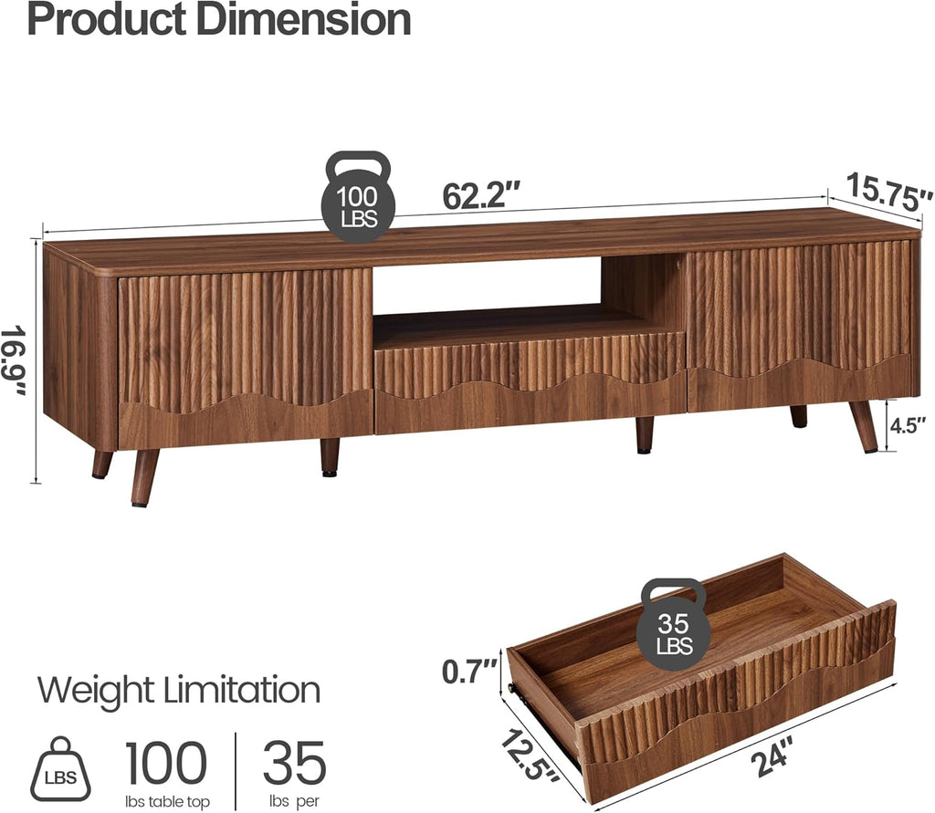 BERRYMERRY Fluted Wave TV Stand and Coffee Table Set of 2, Mid Century Modern Lift Top Coffee Table and Entertainment Center for Living Room (Walnut)