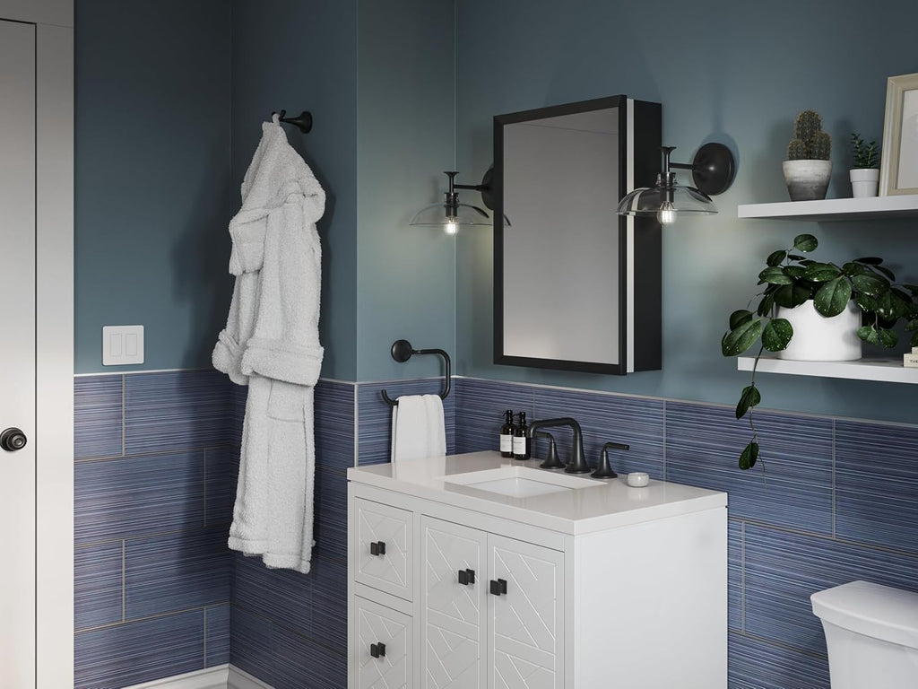 Kohler R39884-BLL Bathroom Medicine Cabinet with Mirror, Framed Mirrored Cabinet, Black Finish, 20 in. W x 26 in. H