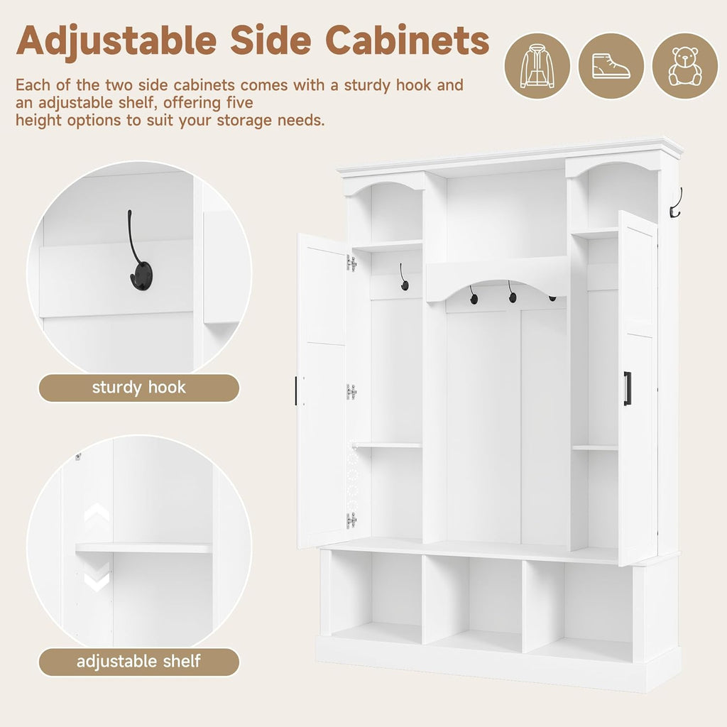 Modern All-in-One Hall Tree with Adjustable Shelves, Classic Arched Farmhouse Storage Bench with Dual Side Cabinets, Elegant Entryway Organizer with 7 Hooks for Mudroom, Hallway, White