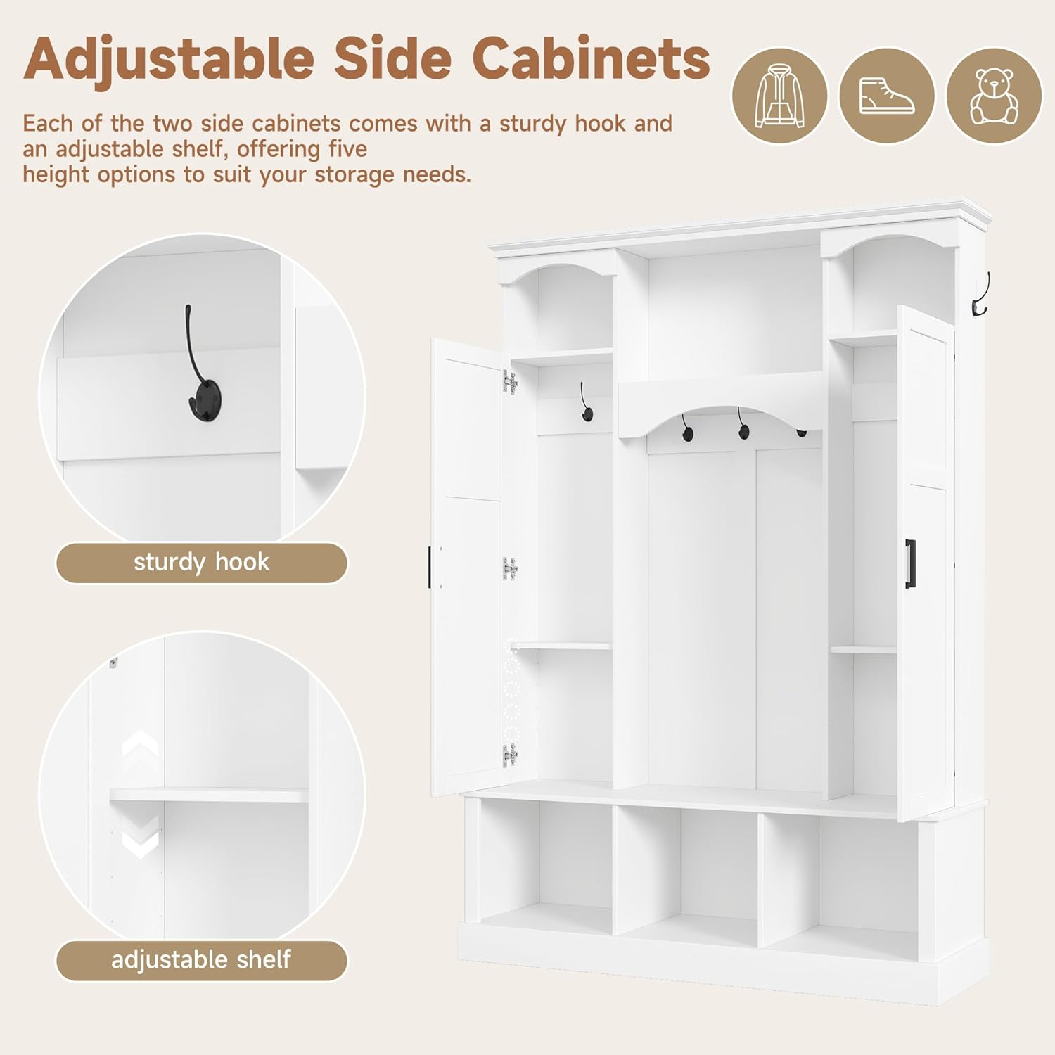 Modern All-in-One Hall Tree with Adjustable Shelves, Classic Arched Farmhouse Storage Bench with Dual Side Cabinets, Elegant Entryway Organizer with 7 Hooks for Mudroom, Hallway, White