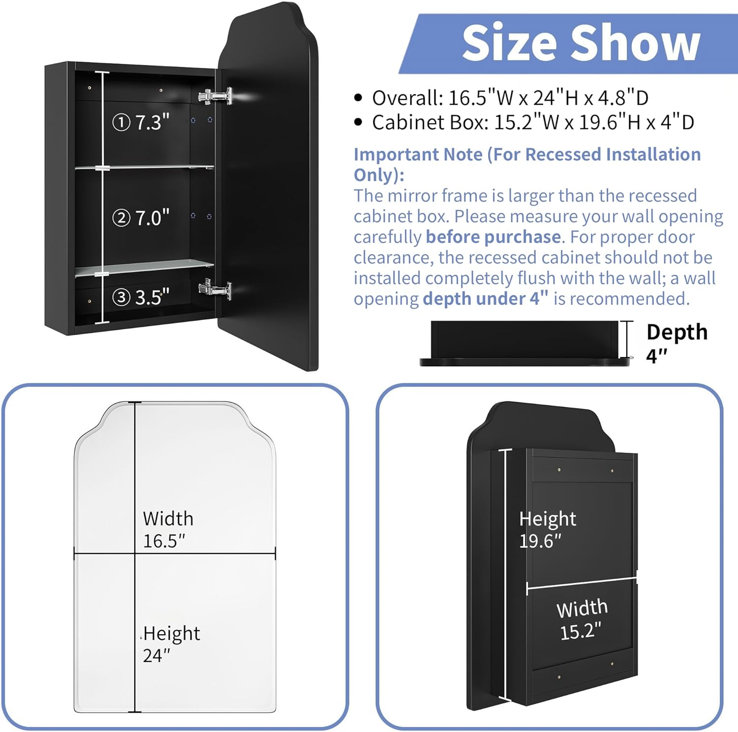 AGDULL Victorian-Style Surface Mount or Recessed Medicine Cabinet, Wood Bathroom Wall Cabinet with Arched Mirror, Black, Right-Swing Door, Overall 16.5" W x 24" H