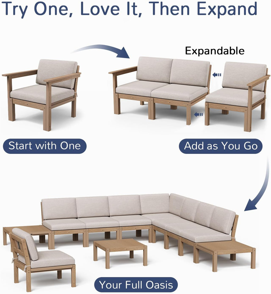 Stoog Patio Furniture Set, 6-Piece Modular Outdoor Sectional Sofa - Convertible Layout, Waterproof HIPS Frame & Quick-Dry Olefin Cushions, Teak