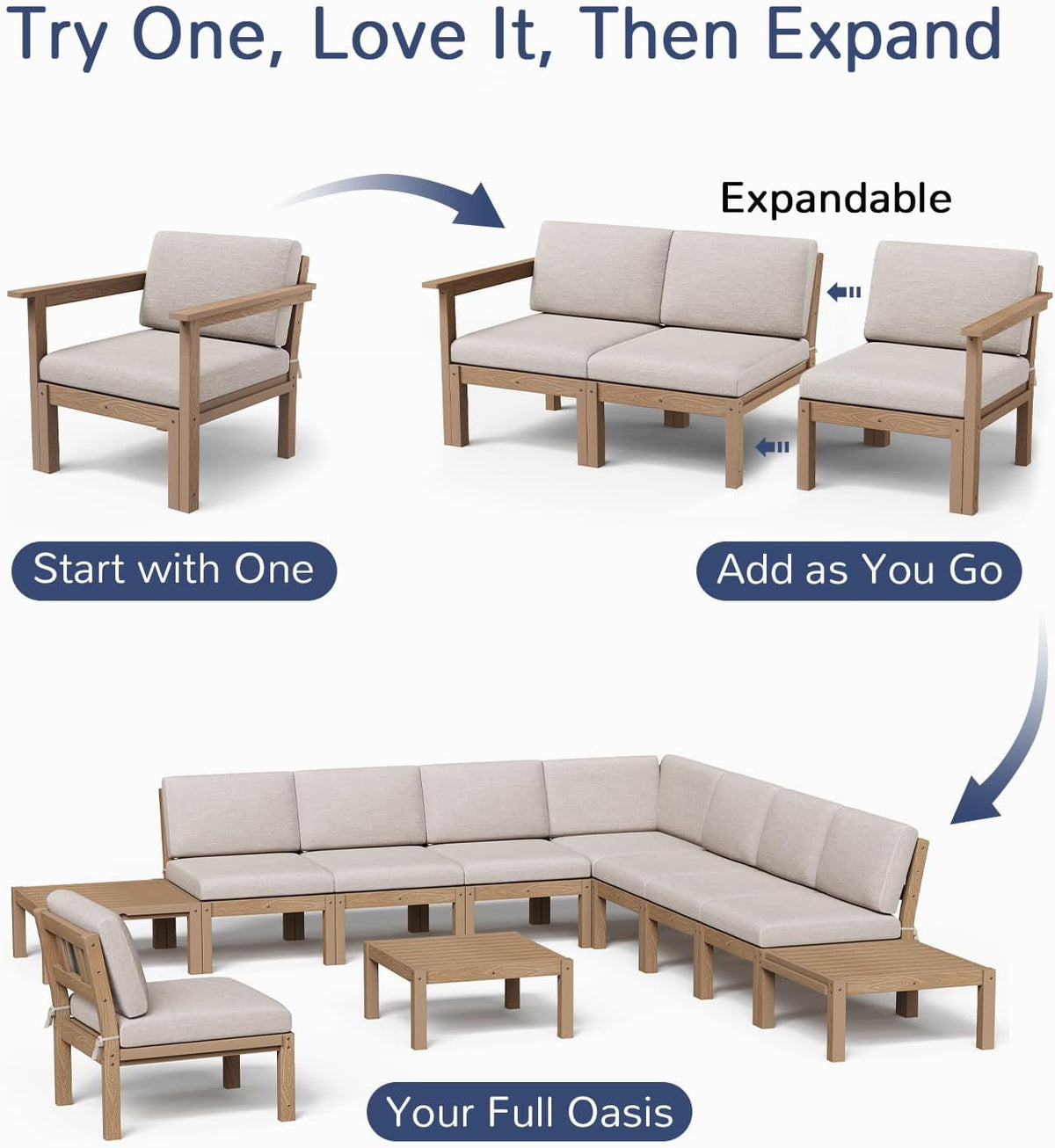 Stoog Patio Furniture Set, 6-Piece Modular Outdoor Sectional Sofa - Convertible Layout, Waterproof HIPS Frame & Quick-Dry Olefin Cushions, Teak