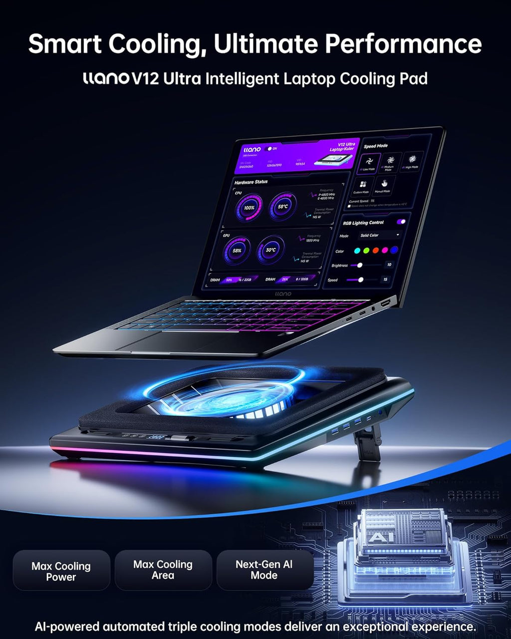 llano V12 Ultra Laptop Cooling Pad with Smart Software Control, RGB Gaming Laptop Fan Cooler Stand, 5.5" Turbo Fan, Adjustable Speed, 3-Port USB 3.0 Hub, 3 Height Stands, for 15.6"-19" Laptops, Black