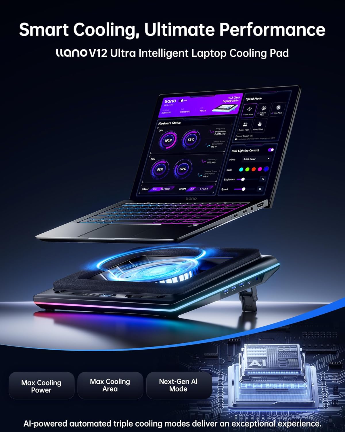 llano V12 Ultra Laptop Cooling Pad with Smart Software Control, RGB Gaming Laptop Fan Cooler Stand, 5.5" Turbo Fan, Adjustable Speed, 3-Port USB 3.0 Hub, 3 Height Stands, for 15.6"-19" Laptops, Black