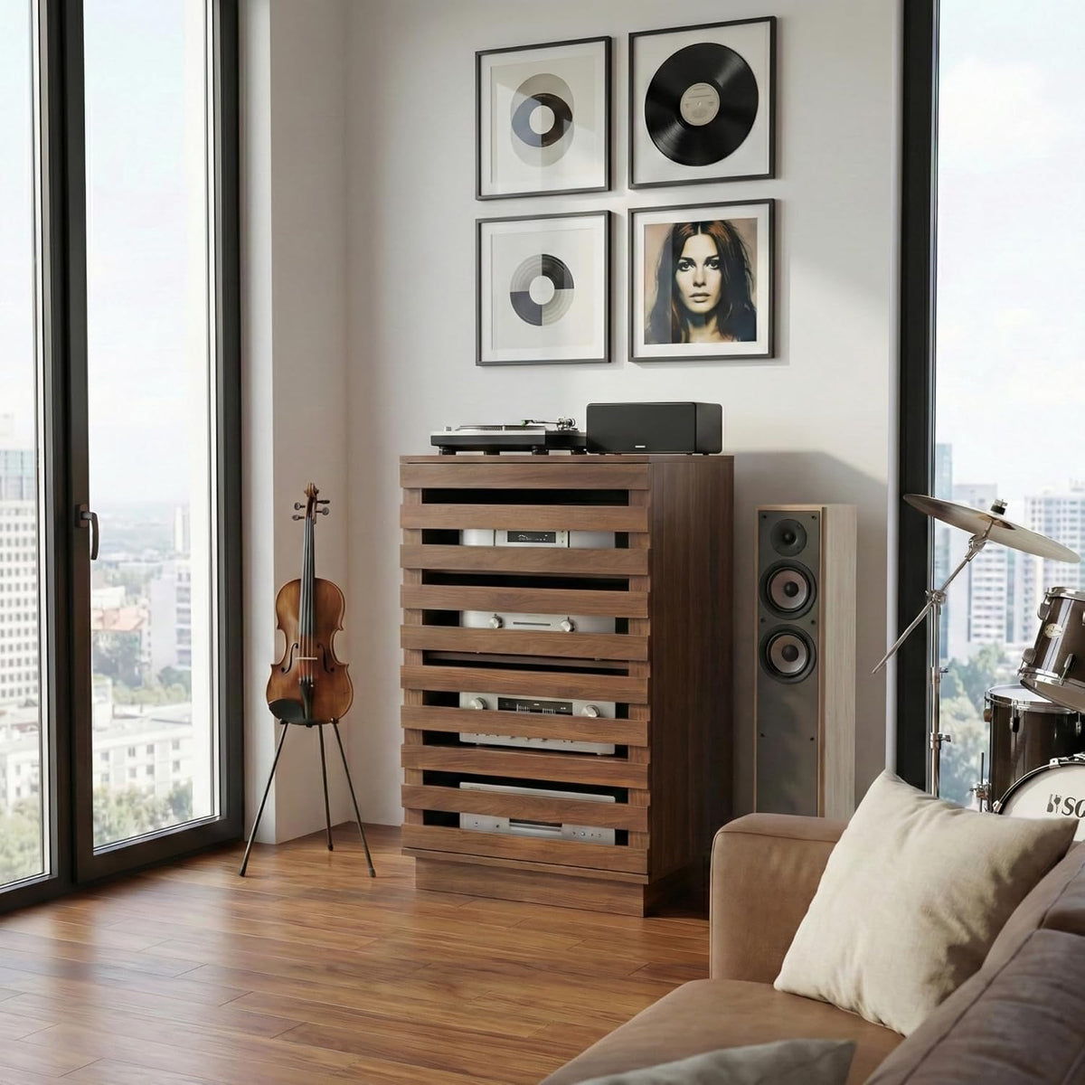 holzart Modern Slatted Audio Component Cabinet, 4-Tier Stereo Equipment Rack Media Stand with Ventilated Door & Cable Management, Rustic Brown 35.4" Tall