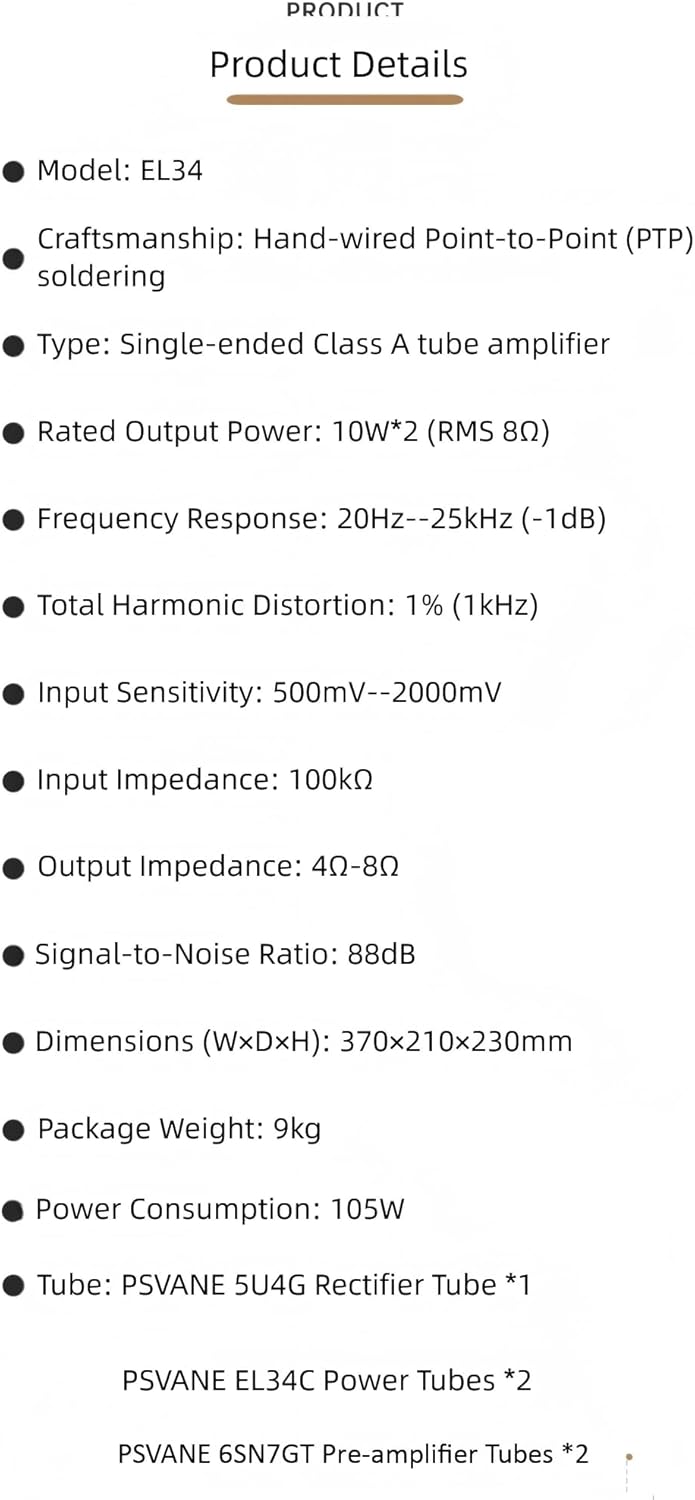 Oldchen EL34 Single-Ended Class A Tube Amplifier, Hand-Wired Point-to-Point HiFi Integrated Amplifier for Home Audio, Home Theatre Vacuum Tube Power Amplifier 10W, Black