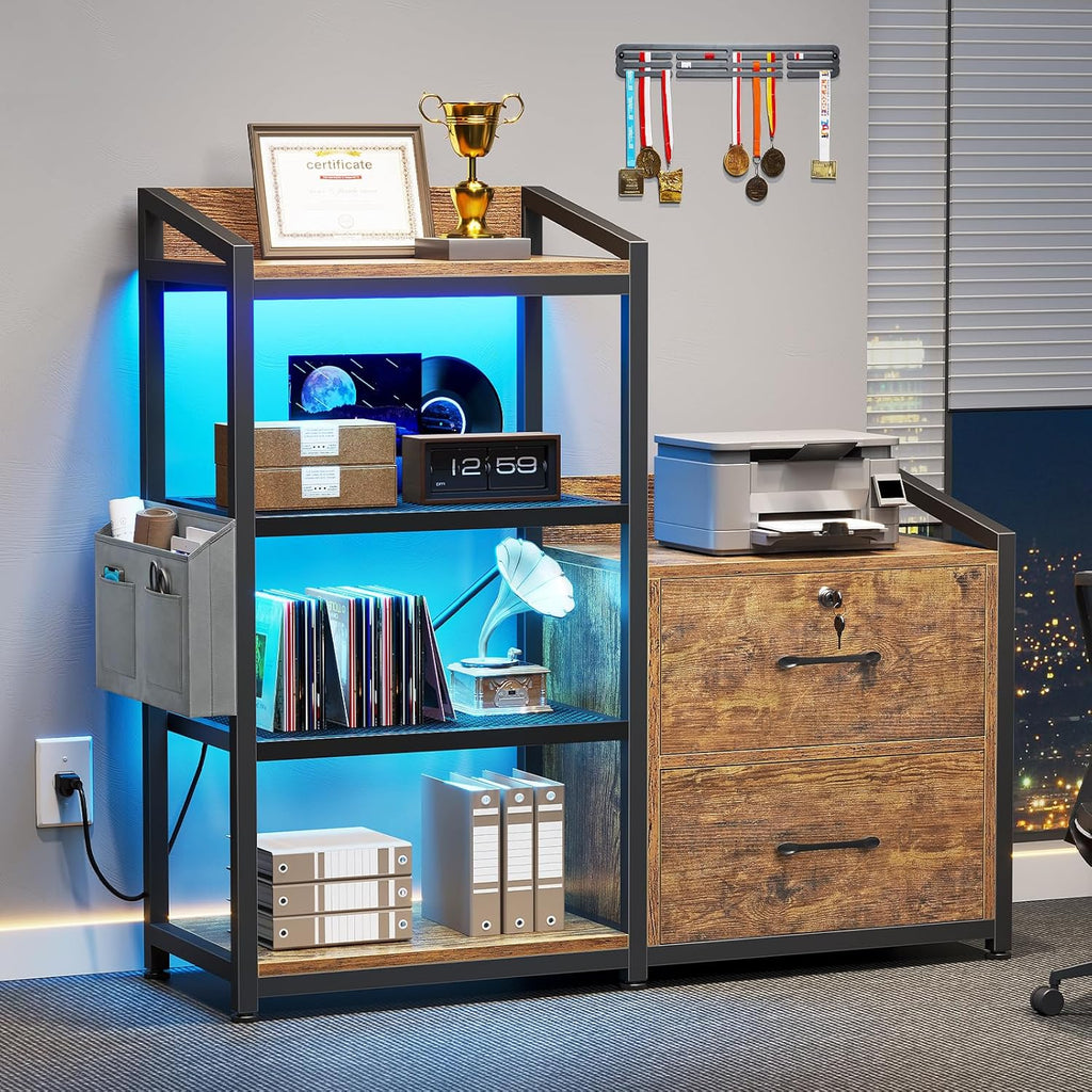 SEDETA 35.4” File Cabinet, Filing Cabinet fits Letter/A4 Size, 2 Drawe File Cabinets for Home Office with Power Strip, LED Lights, Lock, Open Shelf, Rustic Brown