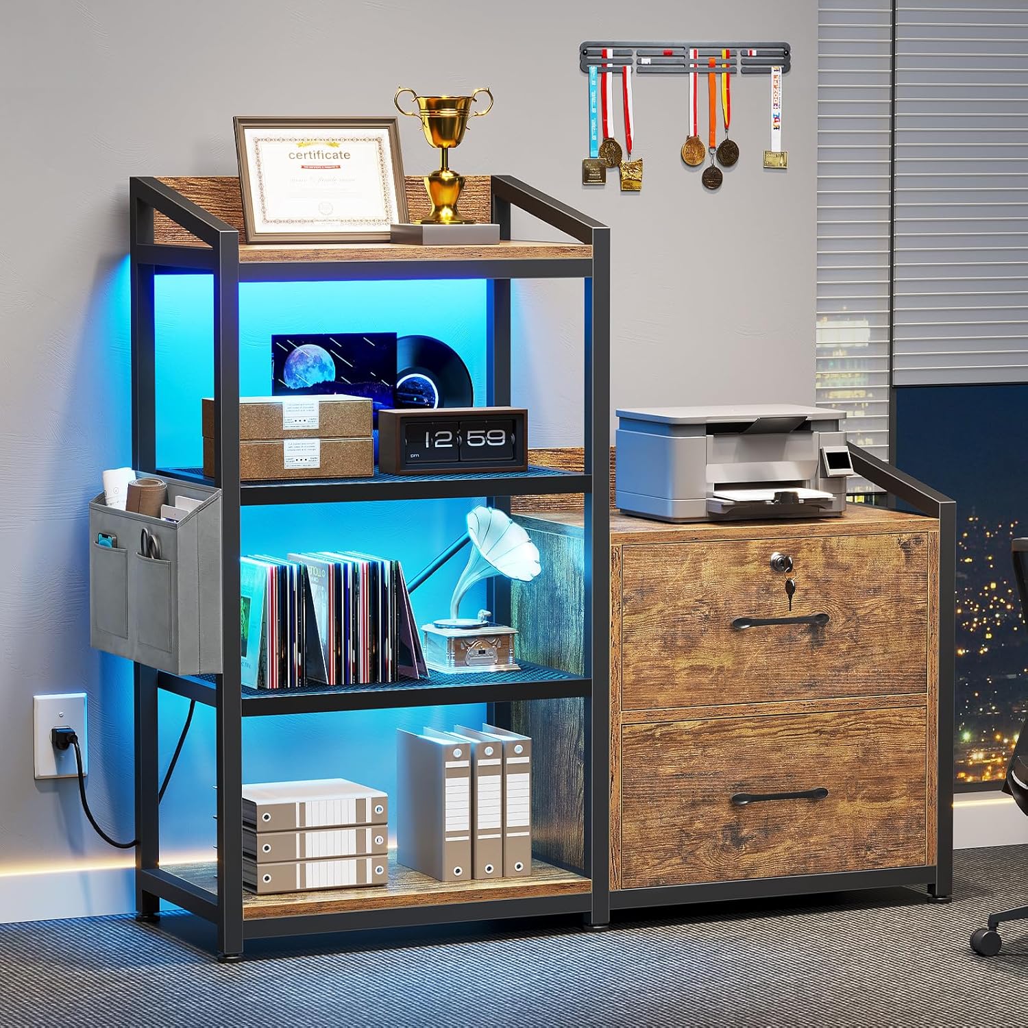 SEDETA 35.4” File Cabinet, Filing Cabinet fits Letter/A4 Size, 2 Drawe File Cabinets for Home Office with Power Strip, LED Lights, Lock, Open Shelf, Rustic Brown