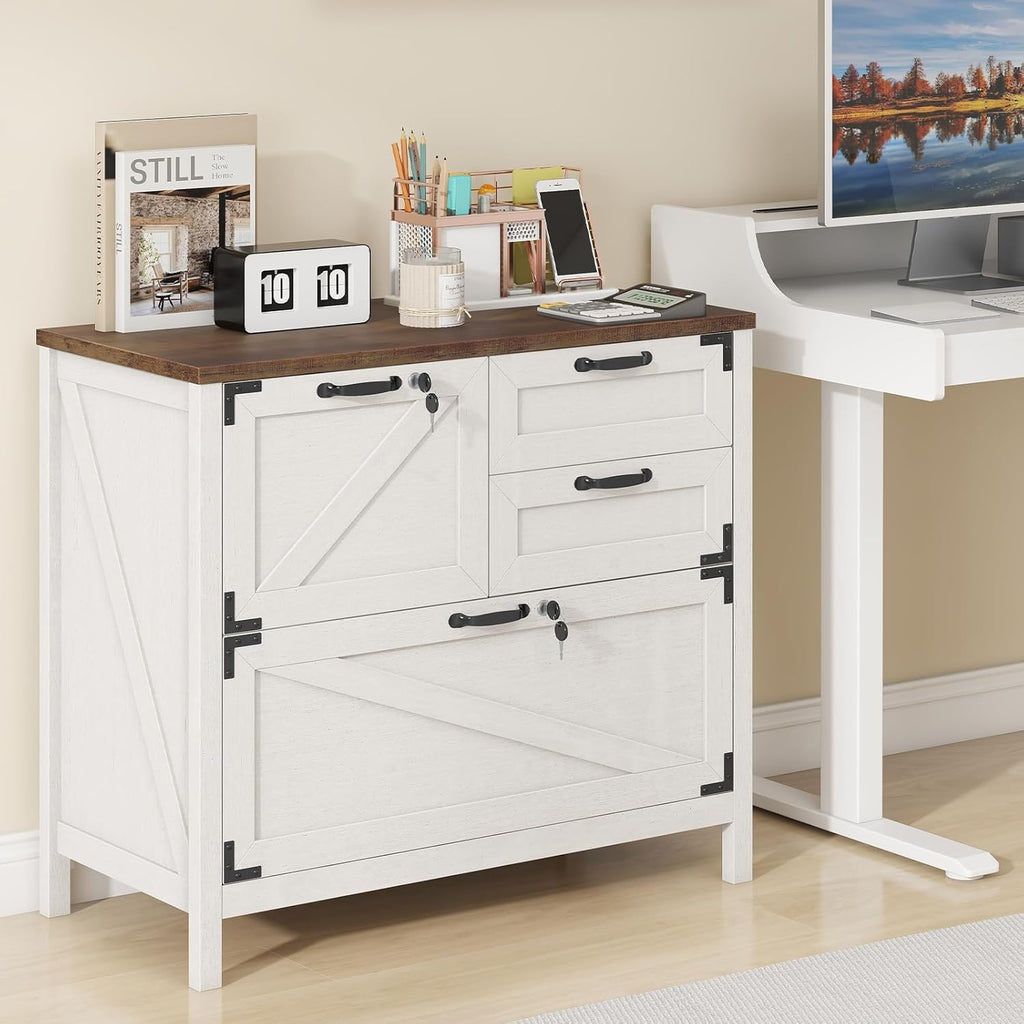 Halitaa Lateral File Cabinet with 4 Drawers, Farmhouse File Cabinet for Letter/Legal/A4 Size Hanging Files, Large Wood File Storage Cabinets Printer Stand for Home Office Cabinets, White with Lock